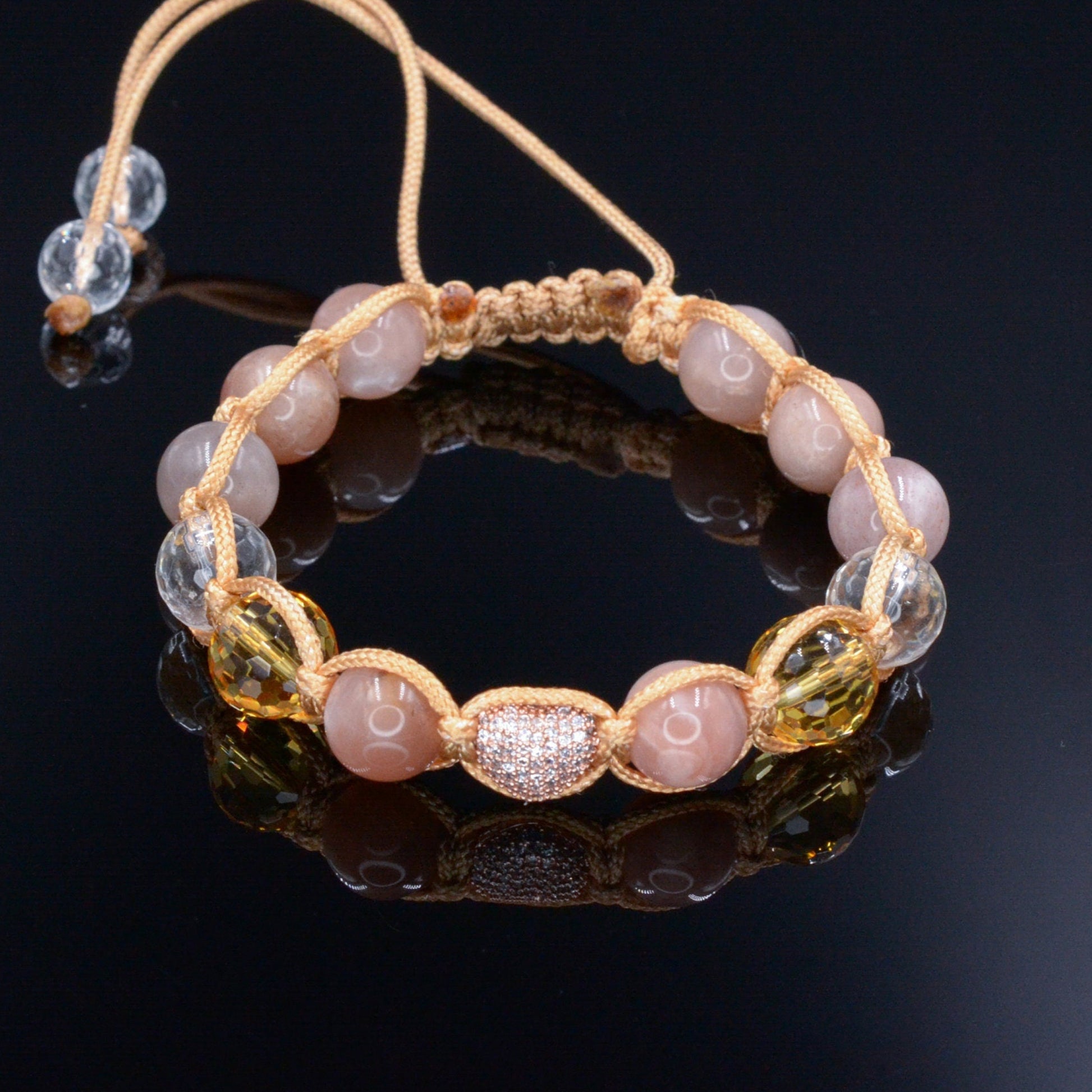 Beige Sunstone Bracelet - Women's Citrine Crystal Braided Bracelet - Gift for Women - Adjustable Macrame Bracelet - Heart Gemstone Bracelet - Shamballa Bracelet - Birthstone Bracelet - Gemstone Bracelet Men - Chakra Bracelet - Macrame Bracelet - Healing Bracelet - Valinde
