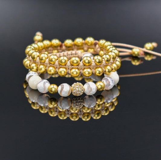 Women's Beaded Bracelet Set - Gold Hematite and White Agate Jewelry - Cubic Zirconia Statement Bracelet - Sparkly Gemstone Set for Her - Natural Mint Gemstone Gift for Her, Beaded Square Stone Bracelet for Women, Anniversary Gift, Spiritual Stone Bracelet, Natural Gemstone Macrame Jewelry, Gift for Her, Protection Stone Jewelry, Natural Stone Jewelry for Women, Gift for Her, Women's Adjustable Braided Bracelet, Jewelry Gift for Her, Birthday Gift for Her, Women's Gemstone Hematite Adjustable Braided Bracele