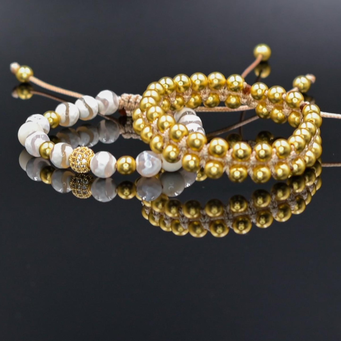 Women's Beaded Bracelet Set - Gold Hematite and White Agate Jewelry - Zirconia Statement Bracelet - Sparkly Gemstone Set for Her - Natural Mint Gemstone Gift for Her, Beaded Square Stone Bracelet for Women, Anniversary Gift, Spiritual Stone Bracelet, Natural Gemstone Macrame Jewelry, Gift for Her, Protection Stone Jewelry, Natural Stone Jewelry for Women, Gift for Her, Women's Adjustable Braided Bracelet, Jewelry Gift for Her, Birthday Gift for Her, Women's Gemstone Hematite Adjustable Braided Bracelet Gift