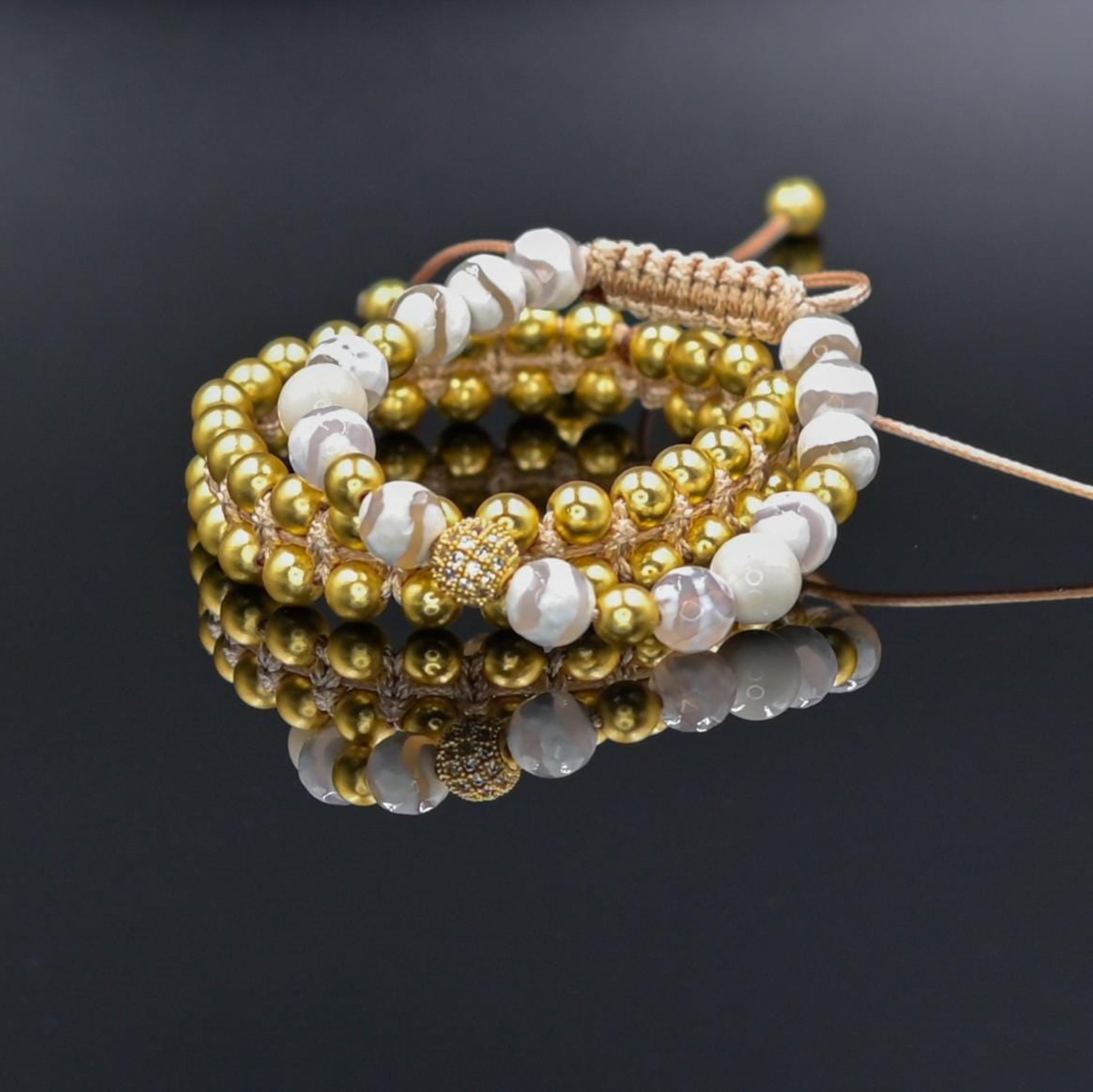 Women's Beaded Bracelet Set - Gold Hematite and White Agate Jewelry - Zirconia Statement Bracelet - Sparkly Gemstone Set for Her - Natural Mint Gemstone Gift for Her, Beaded Square Stone Bracelet for Women, Anniversary Gift, Spiritual Stone Bracelet, Natural Gemstone Macrame Jewelry, Gift for Her, Protection Stone Jewelry, Natural Stone Jewelry for Women, Gift for Her, Women's Adjustable Braided Bracelet, Jewelry Gift for Her, Birthday Gift for Her, Women's Gemstone Hematite Adjustable Braided Bracelet Gift