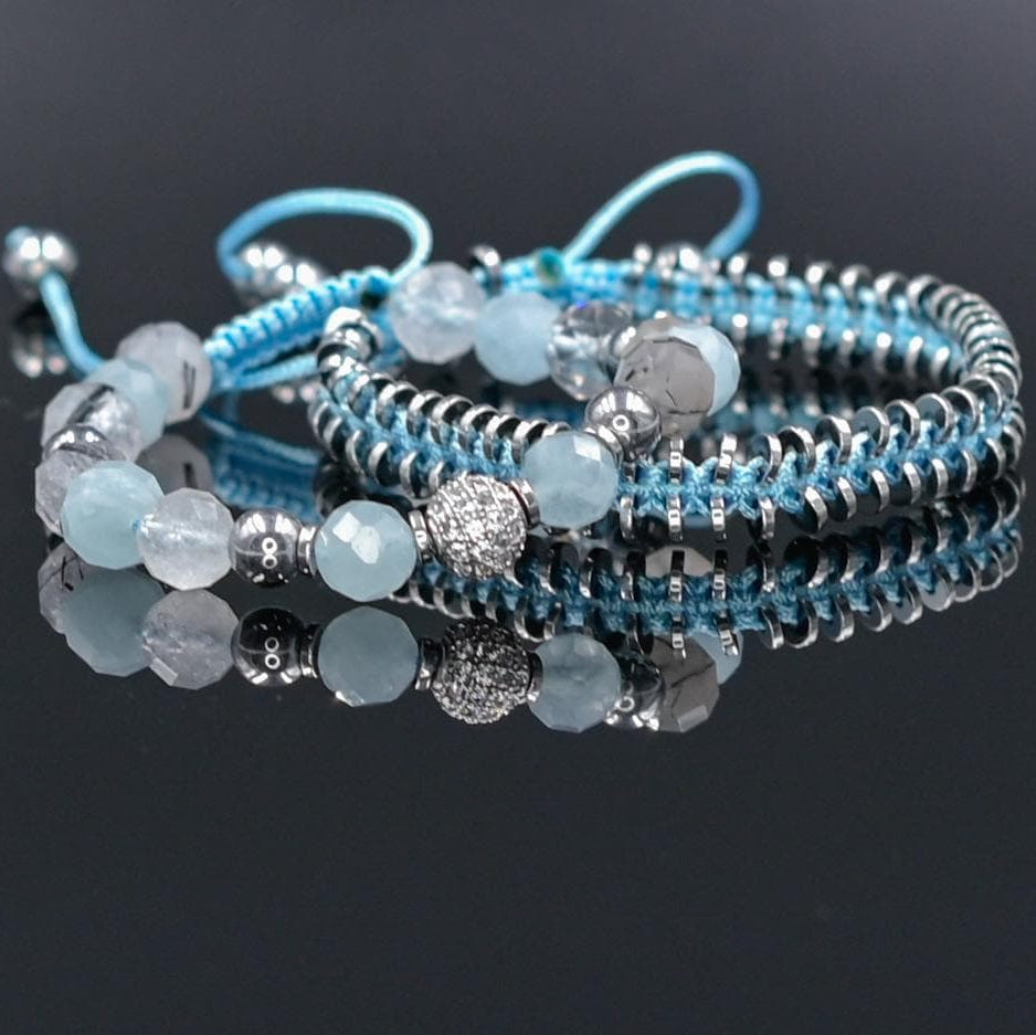 Women's Aquamarine Rutilated Quartz Hematite Bracelet Set, Crystal Bracelet Set, Birthday Gift for Her, Women's Gemstone Hematite Adjustable Braided Bracelet, Gift for Her, Women's Gift - Shamballa Bracelet - Birthstone Bracelet - Yoga Bracelet -  Gemstone Bracelet Women - Chakra Bracelet - Macrame Bracelet - Healing Bracelet - Valinde
