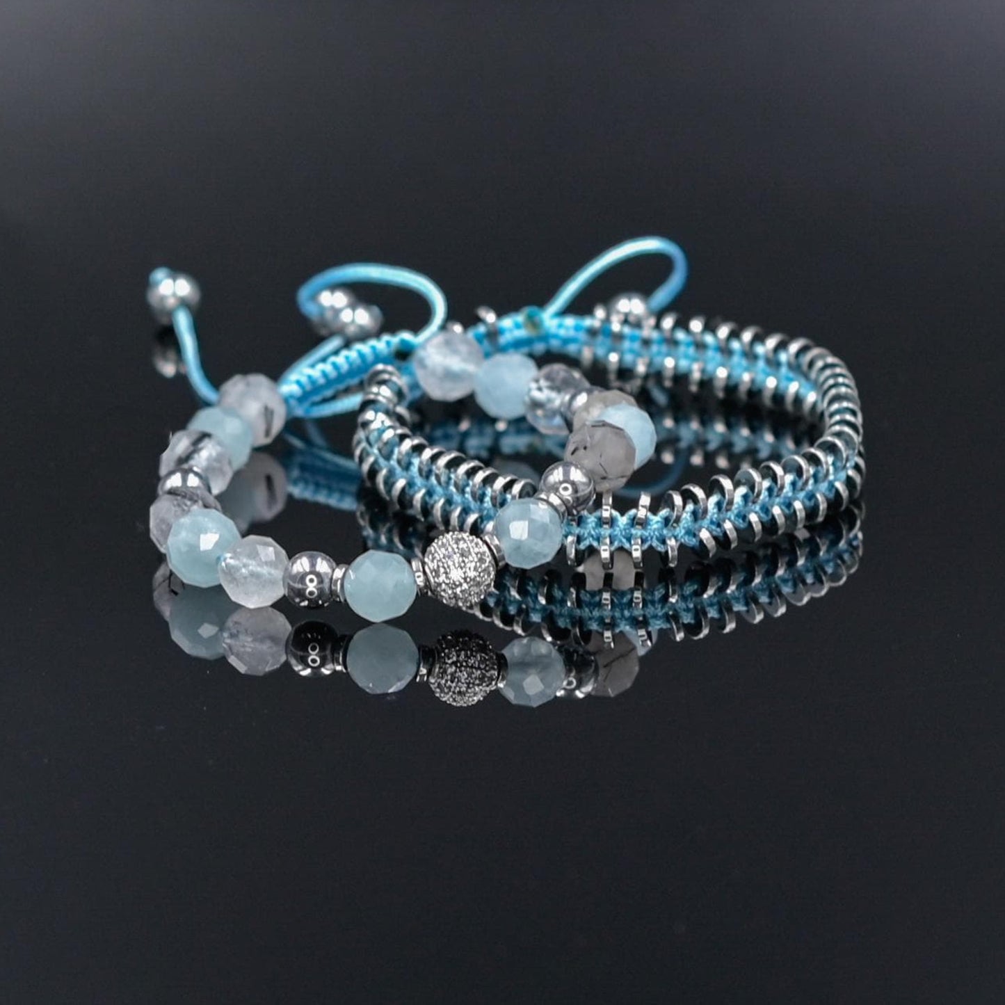 Women's Aquamarine Rutilated Quartz Hematite Bracelet Set, Crystal Bracelet Set, Birthday Gift for Her, Women's Gemstone Hematite Adjustable Braided Bracelet, Gift for Her, Women's Gift - Shamballa Bracelet - Birthstone Bracelet - Yoga Bracelet -  Gemstone Bracelet Women - Chakra Bracelet - Macrame Bracelet - Healing Bracelet - Valinde
