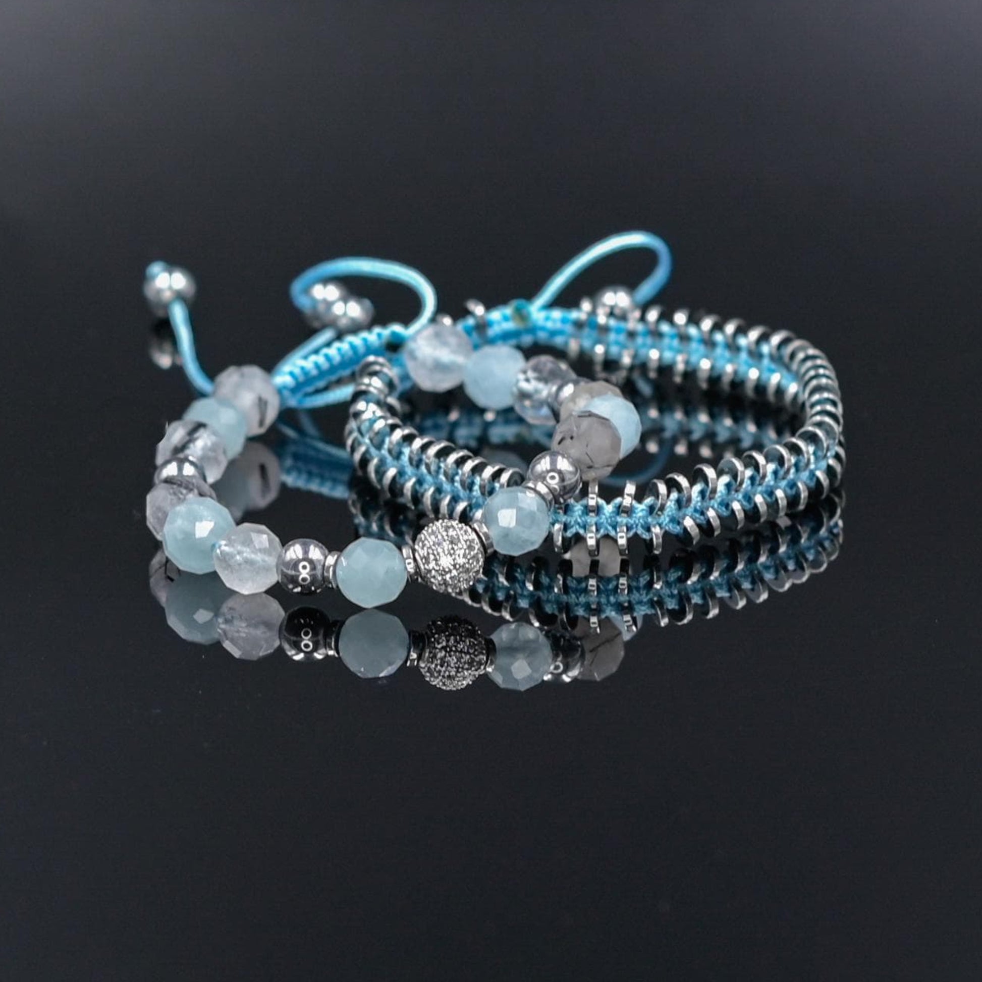 Women's Aquamarine Rutilated Quartz Hematite Bracelet Set, Crystal Bracelet Set, Birthday Gift for Her, Women's Gemstone Hematite Adjustable Braided Bracelet, Gift for Her, Women's Gift - Shamballa Bracelet - Birthstone Bracelet - Yoga Bracelet -  Gemstone Bracelet Women - Chakra Bracelet - Macrame Bracelet - Healing Bracelet - Valinde
