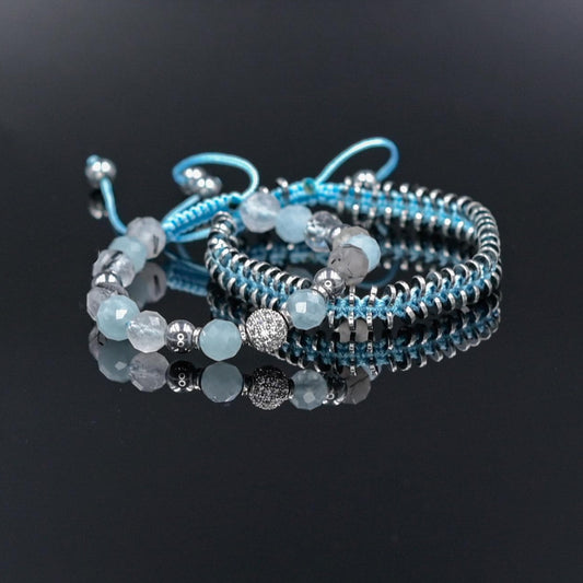 Women's Aquamarine Rutilated Quartz Hematite Bracelet Set, Crystal Bracelet Set, Birthday Gift for Her, Women's Gemstone Hematite Adjustable Braided Bracelet, Gift for Her, Women's Gift - Shamballa Bracelet - Birthstone Bracelet - Yoga Bracelet -  Gemstone Bracelet Women - Chakra Bracelet - Macrame Bracelet - Healing Bracelet - Valinde
