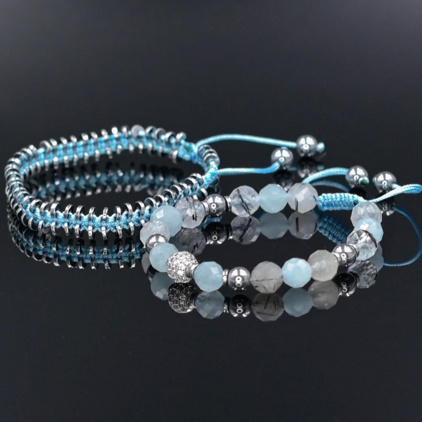 Women's Aquamarine Rutilated Quartz Hematite Bracelet Set, Crystal Bracelet Set, Birthday Gift for Her, Women's Gemstone Hematite Adjustable Braided Bracelet, Gift for Her, Women's Gift - Shamballa Bracelet - Birthstone Bracelet - Yoga Bracelet -  Gemstone Bracelet Women - Chakra Bracelet - Macrame Bracelet - Healing Bracelet - Valinde
