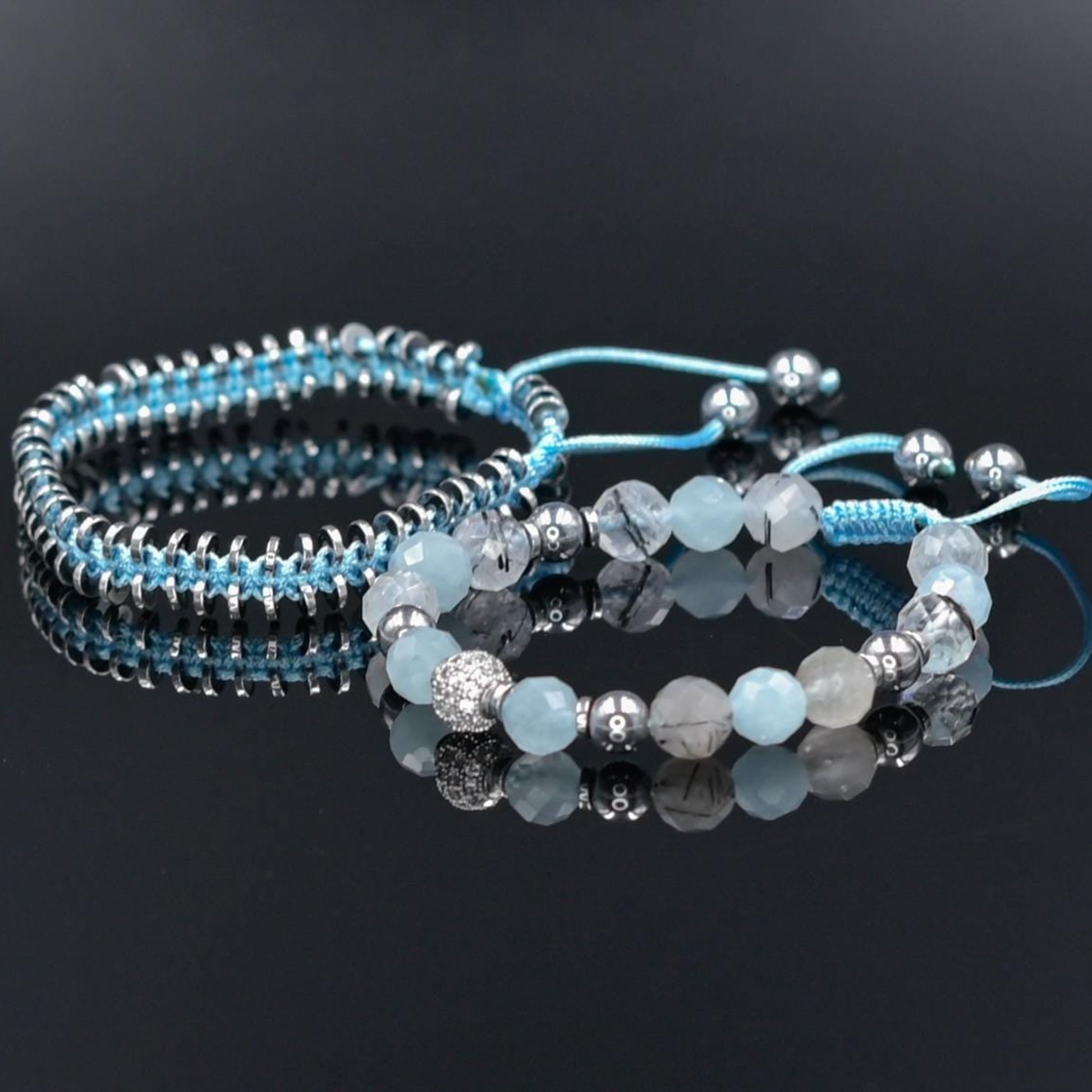 Women's Aquamarine Rutilated Quartz Hematite Bracelet Set, Crystal Bracelet Set, Birthday Gift for Her, Women's Gemstone Hematite Adjustable Braided Bracelet, Gift for Her, Women's Gift - Shamballa Bracelet - Birthstone Bracelet - Yoga Bracelet -  Gemstone Bracelet Women - Chakra Bracelet - Macrame Bracelet - Healing Bracelet - Valinde
