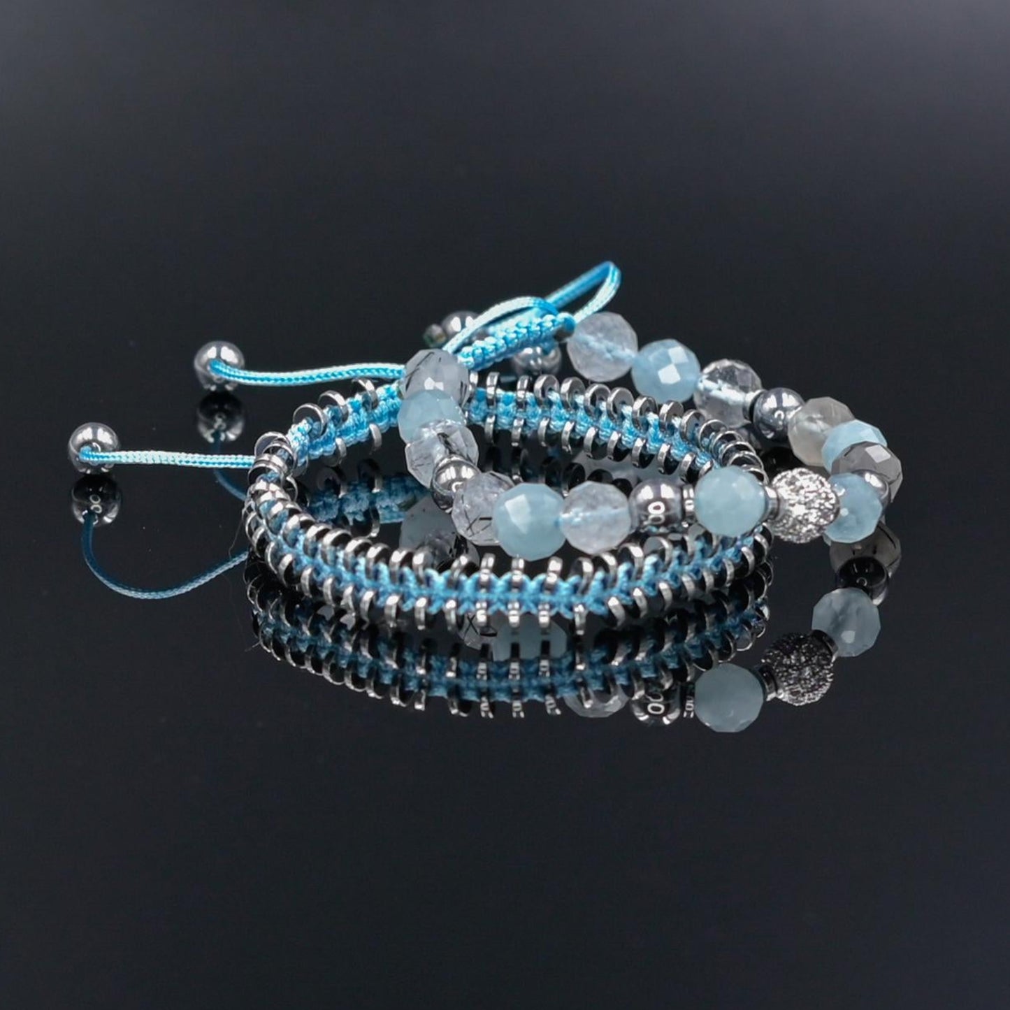 Women's Aquamarine Rutilated Quartz Hematite Bracelet Set, Crystal Bracelet Set, Birthday Gift for Her, Women's Gemstone Hematite Adjustable Braided Bracelet, Gift for Her, Women's Gift - Shamballa Bracelet - Birthstone Bracelet - Yoga Bracelet -  Gemstone Bracelet Women - Chakra Bracelet - Macrame Bracelet - Healing Bracelet - Valinde
