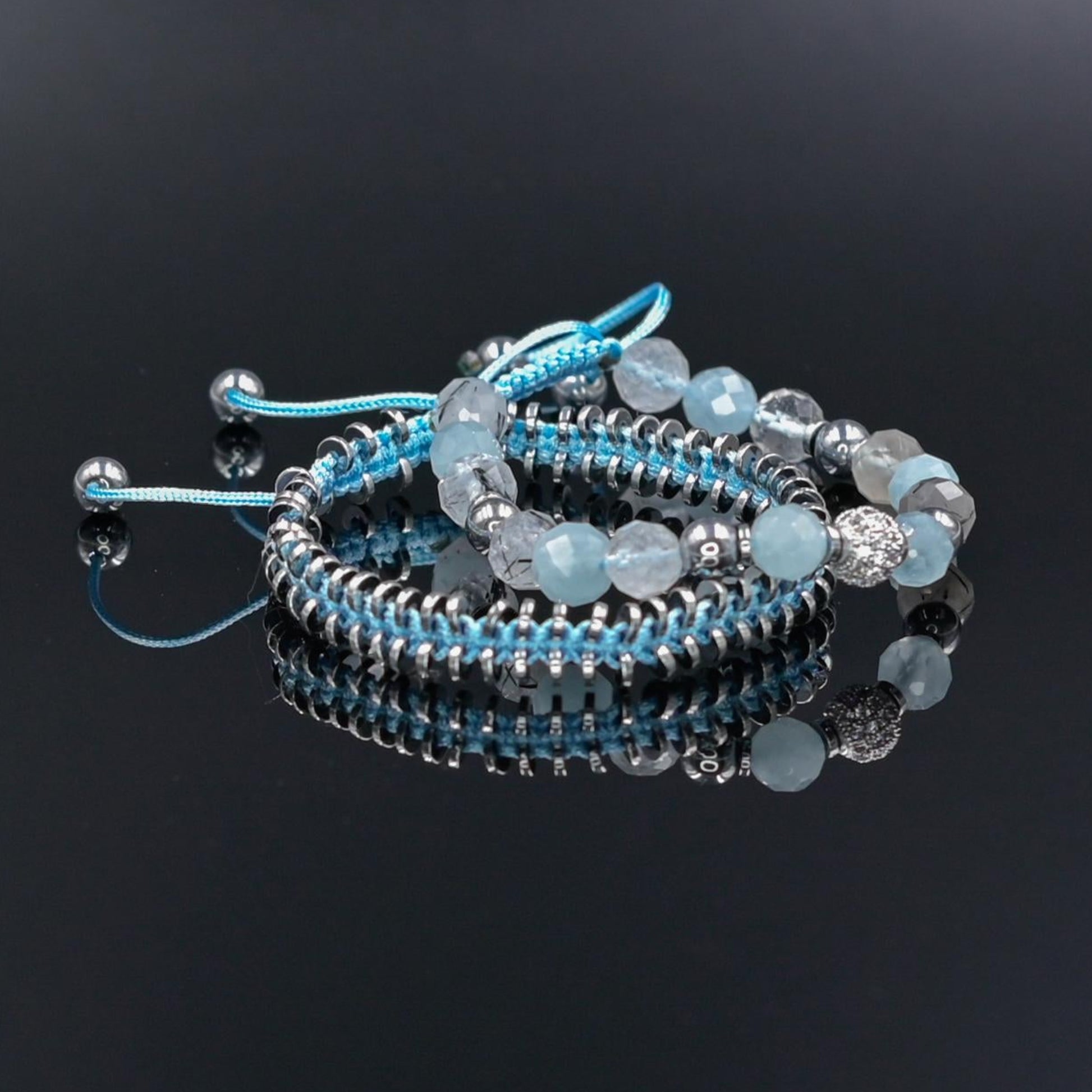 Women's Aquamarine Rutilated Quartz Hematite Bracelet Set, Crystal Bracelet Set, Birthday Gift for Her, Women's Gemstone Hematite Adjustable Braided Bracelet, Gift for Her, Women's Gift - Shamballa Bracelet - Birthstone Bracelet - Yoga Bracelet -  Gemstone Bracelet Women - Chakra Bracelet - Macrame Bracelet - Healing Bracelet - Valinde
