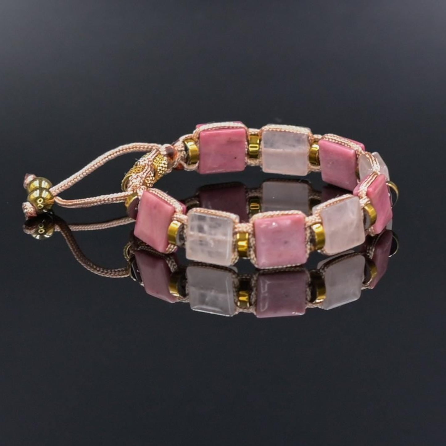 Rose Quartz Rhodonite Square Beaded Gemstone Bracelet, Women's Adjustable Braided Bracelet, Jewelry Gift for Her, Birthday Gift for Her, Women's Gemstone Hematite Adjustable Braided Bracelet, Gift for Her, Women's Gift - Shamballa Bracelet - Birthstone Bracelet - Yoga Bracelet -  Gemstone Bracelet Women - Chakra Bracelet - Macrame Bracelet - Healing Bracelet - Valinde
