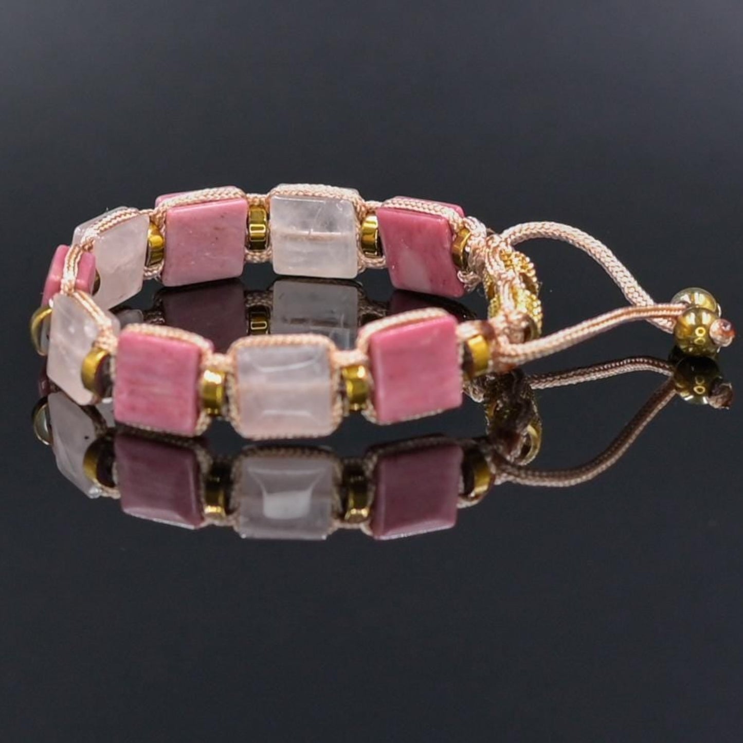 Rose Quartz Rhodonite Square Beaded Gemstone Bracelet, Women's Adjustable Braided Bracelet, Jewelry Gift for Her, Birthday Gift for Her, Women's Gemstone Hematite Adjustable Braided Bracelet, Gift for Her, Women's Gift - Shamballa Bracelet - Birthstone Bracelet - Yoga Bracelet -  Gemstone Bracelet Women - Chakra Bracelet - Macrame Bracelet - Healing Bracelet - Valinde
