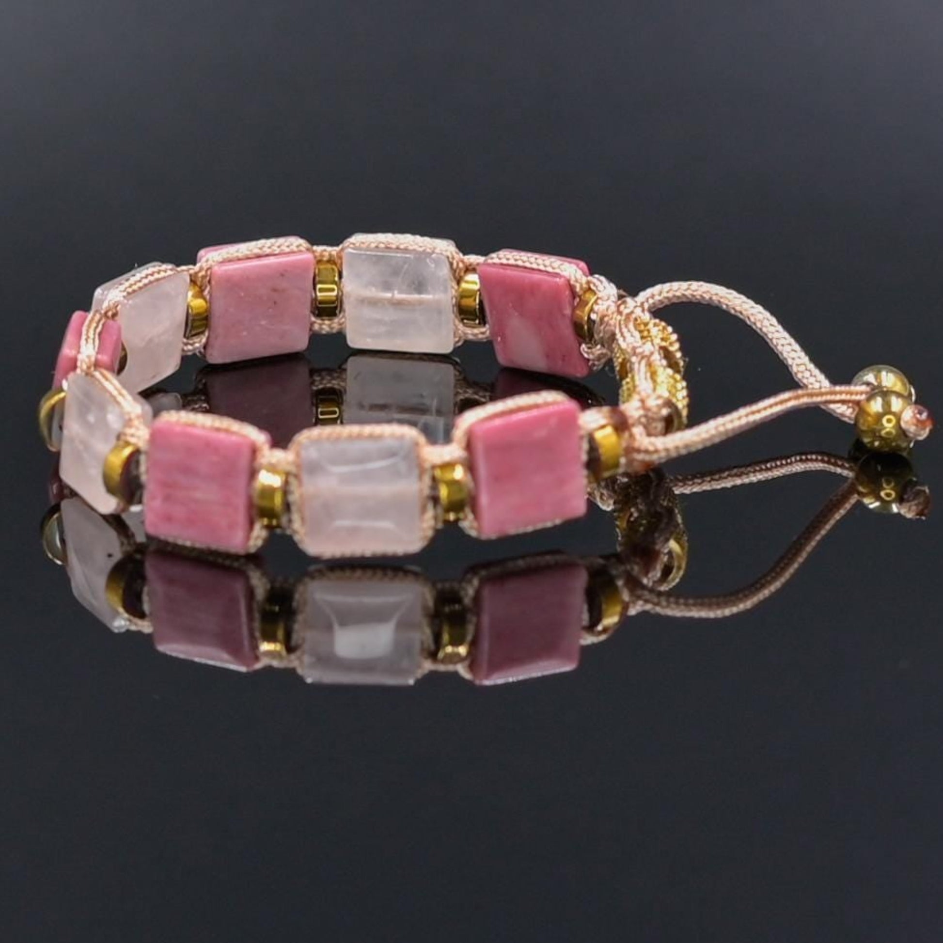 Rose Quartz Rhodonite Square Beaded Gemstone Bracelet, Women's Adjustable Braided Bracelet, Jewelry Gift for Her, Birthday Gift for Her, Women's Gemstone Hematite Adjustable Braided Bracelet, Gift for Her, Women's Gift - Shamballa Bracelet - Birthstone Bracelet - Yoga Bracelet -  Gemstone Bracelet Women - Chakra Bracelet - Macrame Bracelet - Healing Bracelet - Valinde
