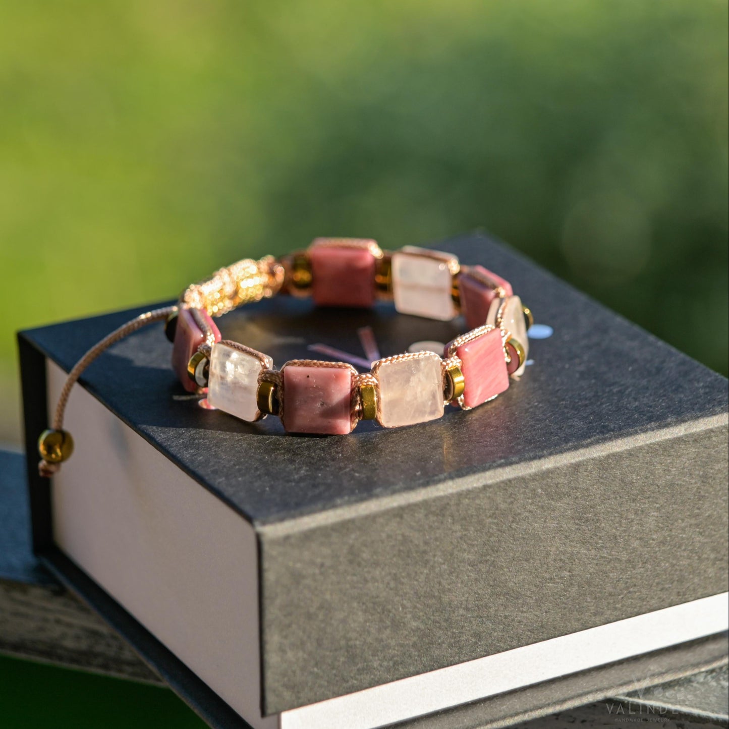Rose Quartz Rhodonite Square Beaded Gemstone Bracelet, Women's Adjustable Braided Bracelet, Jewelry Gift for Her, Birthday Gift for Her, Women's Gemstone Hematite Adjustable Braided Bracelet, Gift for Her, Women's Gift - Shamballa Bracelet - Birthstone Bracelet - Yoga Bracelet -  Gemstone Bracelet Women - Chakra Bracelet - Macrame Bracelet - Healing Bracelet - Valinde
