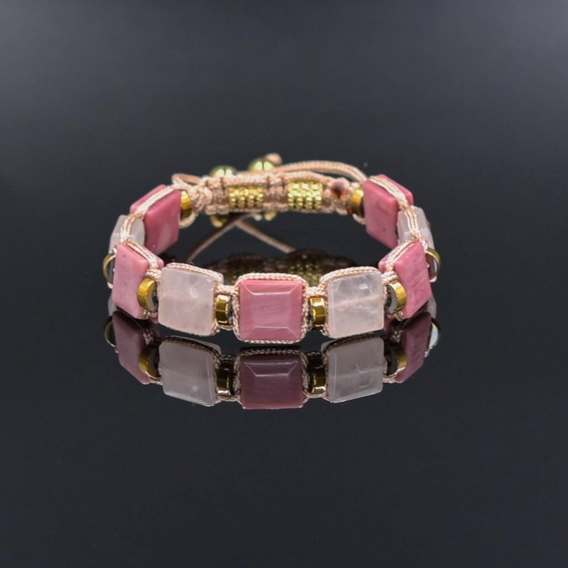 Rose Quartz Rhodonite Square Beaded Gemstone Bracelet, Women's Adjustable Braided Bracelet, Jewelry Gift for Her, Birthday Gift for Her, Women's Gemstone Hematite Adjustable Braided Bracelet, Gift for Her, Women's Gift - Shamballa Bracelet - Birthstone Bracelet - Yoga Bracelet -  Gemstone Bracelet Women - Chakra Bracelet - Macrame Bracelet - Healing Bracelet - Valinde
