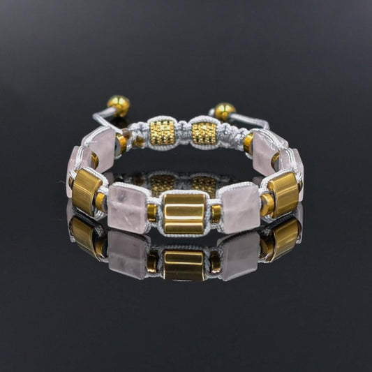 Rose Quartz and Gold Hematite Bracelet, Beaded Square Stone Bracelet for Women, Anniversary Gift, Spiritual Stone Bracelet, Natural Gemstone Macrame Jewelry, Gift for Her, Protection Stone Jewelry, Natural Stone Jewelry for Women, Gift for Her, Women's Adjustable Braided Bracelet, Jewelry Gift for Her, Birthday Gift for Her, Women's Gemstone Hematite Adjustable Braided Bracelet, Gift for Her, Women's Gift - Shamballa Bracelet - Birthstone Bracelet - Yoga Bracelet -  Gemstone Bracelet Women - Chakra Bracelet