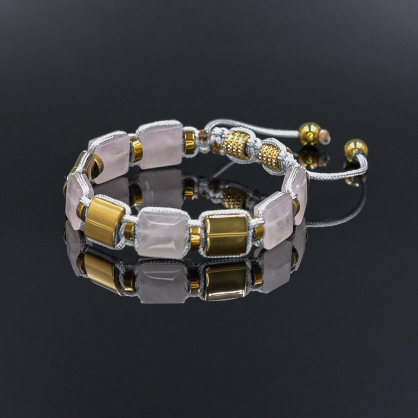 Rose Quartz and Gold Hematite Bracelet, Beaded Square Stone Bracelet for Women, Anniversary Gift, Spiritual Stone Bracelet, Natural Gemstone Macrame Jewelry, Gift for Her, Protection Stone Jewelry, Natural Stone Jewelry for Women, Gift for Her, Women's Adjustable Braided Bracelet, Jewelry Gift for Her, Birthday Gift for Her, Women's Gemstone Hematite Adjustable Braided Bracelet, Gift for Her, Women's Gift - Shamballa Bracelet - Birthstone Bracelet - Yoga Bracelet -  Gemstone Bracelet Women - Chakra Bracelet