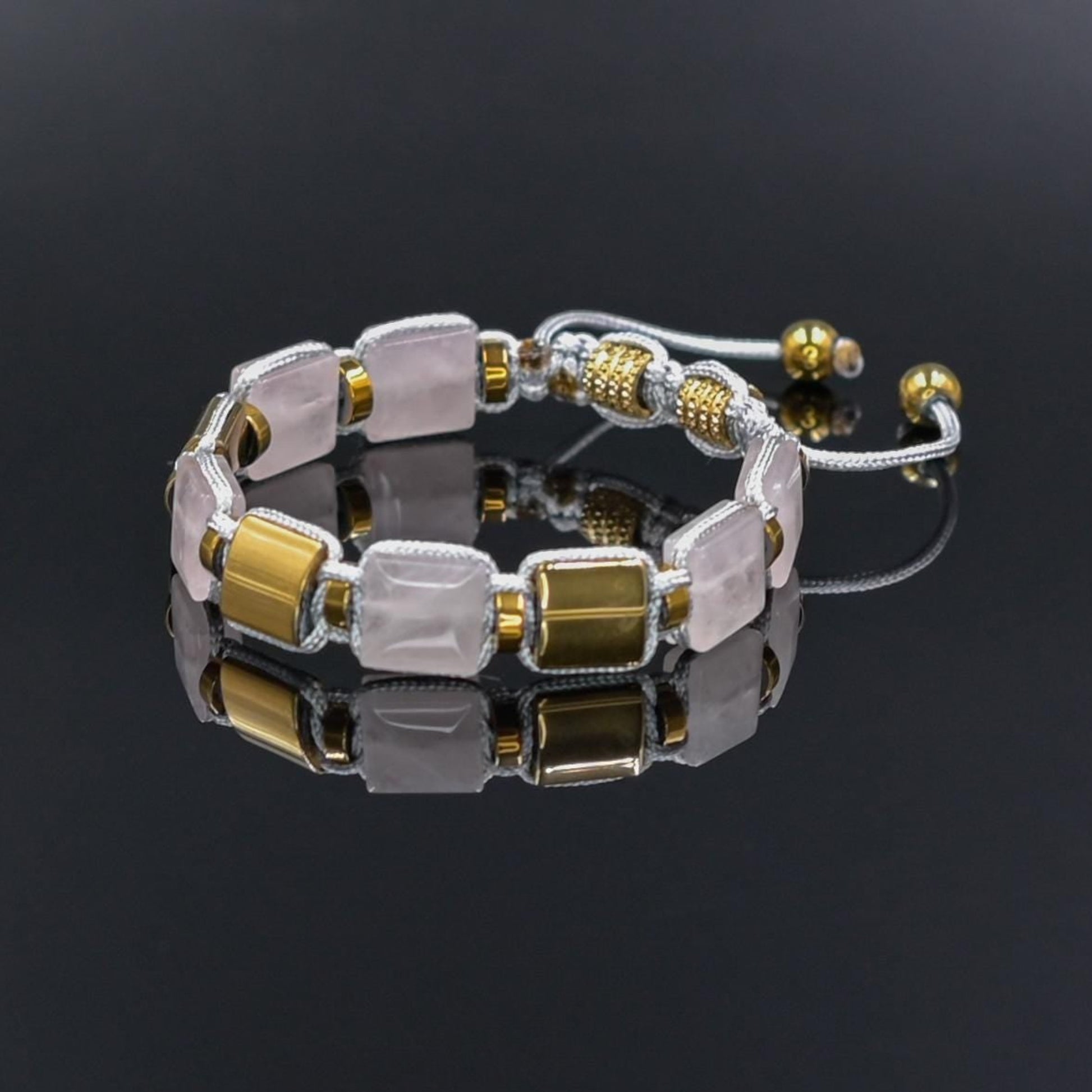 Rose Quartz and Gold Hematite Bracelet, Beaded Square Stone Bracelet for Women, Anniversary Gift, Spiritual Stone Bracelet, Natural Gemstone Macrame Jewelry, Gift for Her, Protection Stone Jewelry, Natural Stone Jewelry for Women, Gift for Her, Women's Adjustable Braided Bracelet, Jewelry Gift for Her, Birthday Gift for Her, Women's Gemstone Hematite Adjustable Braided Bracelet, Gift for Her, Women's Gift - Shamballa Bracelet - Birthstone Bracelet - Yoga Bracelet -  Gemstone Bracelet Women - Chakra Bracelet