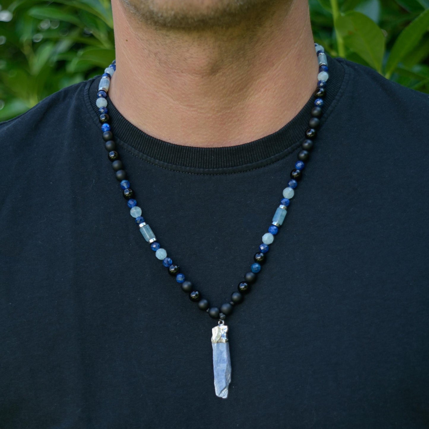 Men's Raw Kyanite Pendant Necklace, Blue Aquamarine Kyanite Onyx and Agate Necklace, Long Beaded Necklace, Adjustable Gemstone Necklace - Shamballa Necklace - Birthstone Necklace - Gemstone Necklace Men - Chakra Necklace - Yoga Necklace - Mantra Necklace -Macrame Necklace  - Healing Necklace - Gift for Father - Gift For Men - Valinde
