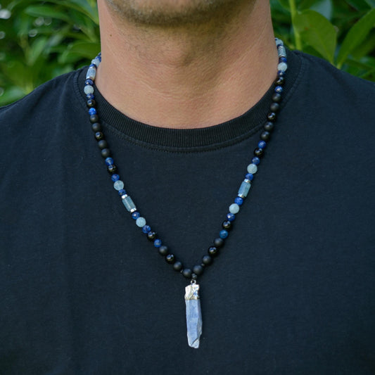 Men's Raw Kyanite Pendant Necklace, Blue Aquamarine Kyanite Onyx and Agate Necklace, Long Beaded Necklace, Adjustable Gemstone Necklace - Shamballa Necklace - Birthstone Necklace - Gemstone Necklace Men - Chakra Necklace - Yoga Necklace - Mantra Necklace -Macrame Necklace  - Healing Necklace - Gift for Father - Gift For Men - Valinde
