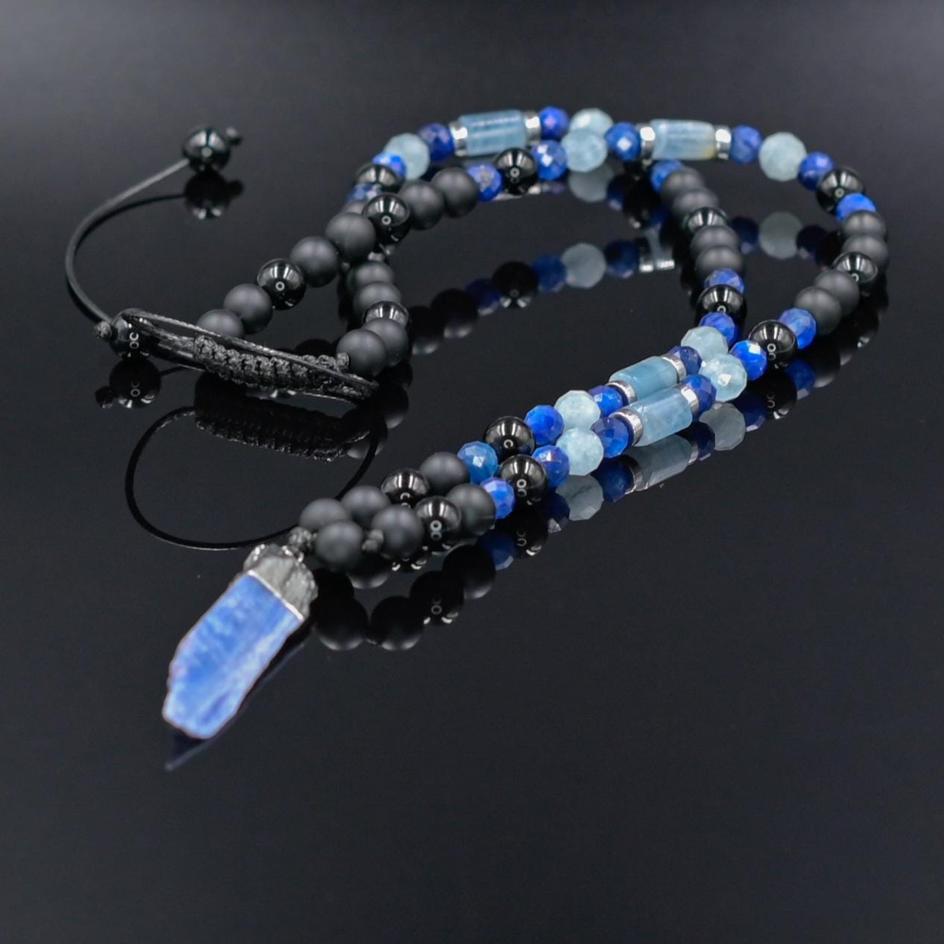 Men's Raw Kyanite Pendant Necklace, Blue Aquamarine Kyanite Onyx and Agate Necklace, Long Beaded Necklace, Adjustable Gemstone Necklace - Shamballa Necklace - Birthstone Necklace - Gemstone Necklace Men - Chakra Necklace - Yoga Necklace - Mantra Necklace -Macrame Necklace  - Healing Necklace - Gift for Father - Gift For Men - Valinde
