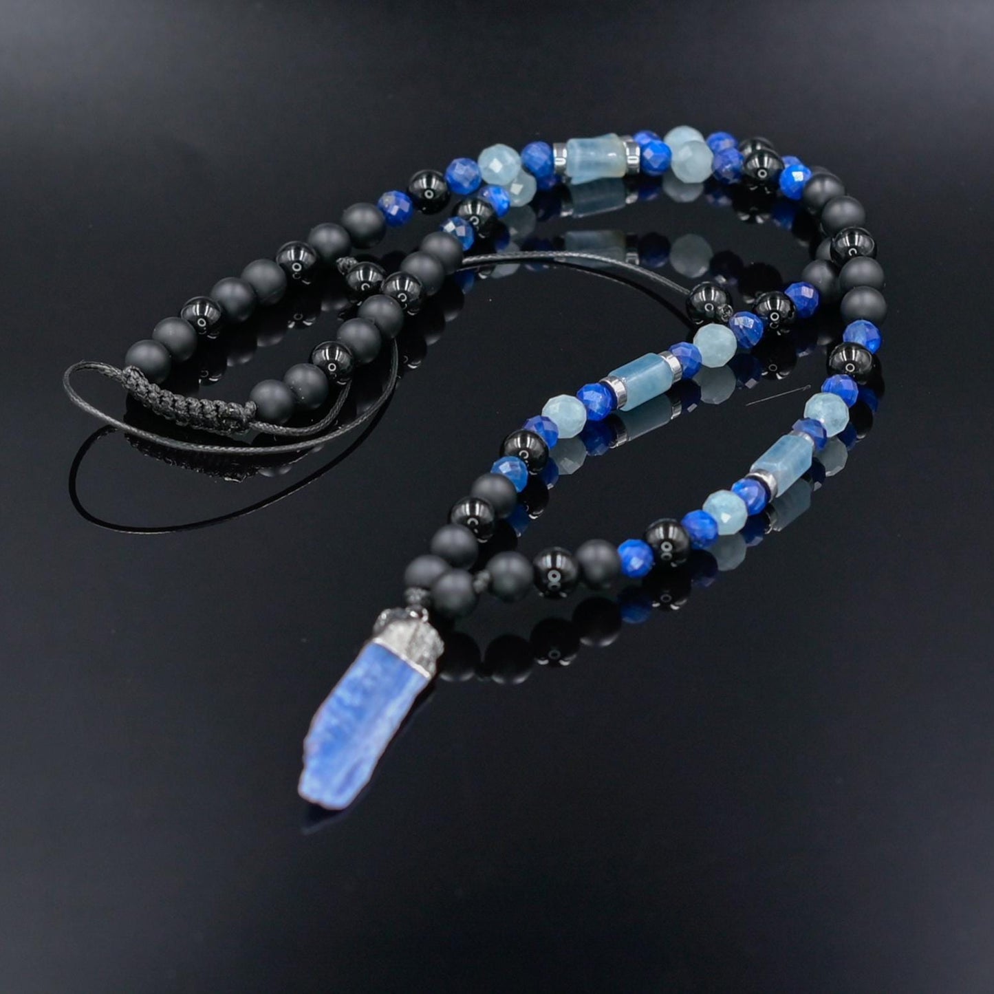 Men's Raw Kyanite Pendant Necklace, Blue Aquamarine Kyanite Onyx and Agate Necklace, Long Beaded Necklace, Adjustable Gemstone Necklace - Shamballa Necklace - Birthstone Necklace - Gemstone Necklace Men - Chakra Necklace - Yoga Necklace - Mantra Necklace -Macrame Necklace  - Healing Necklace - Gift for Father - Gift For Men - Valinde
