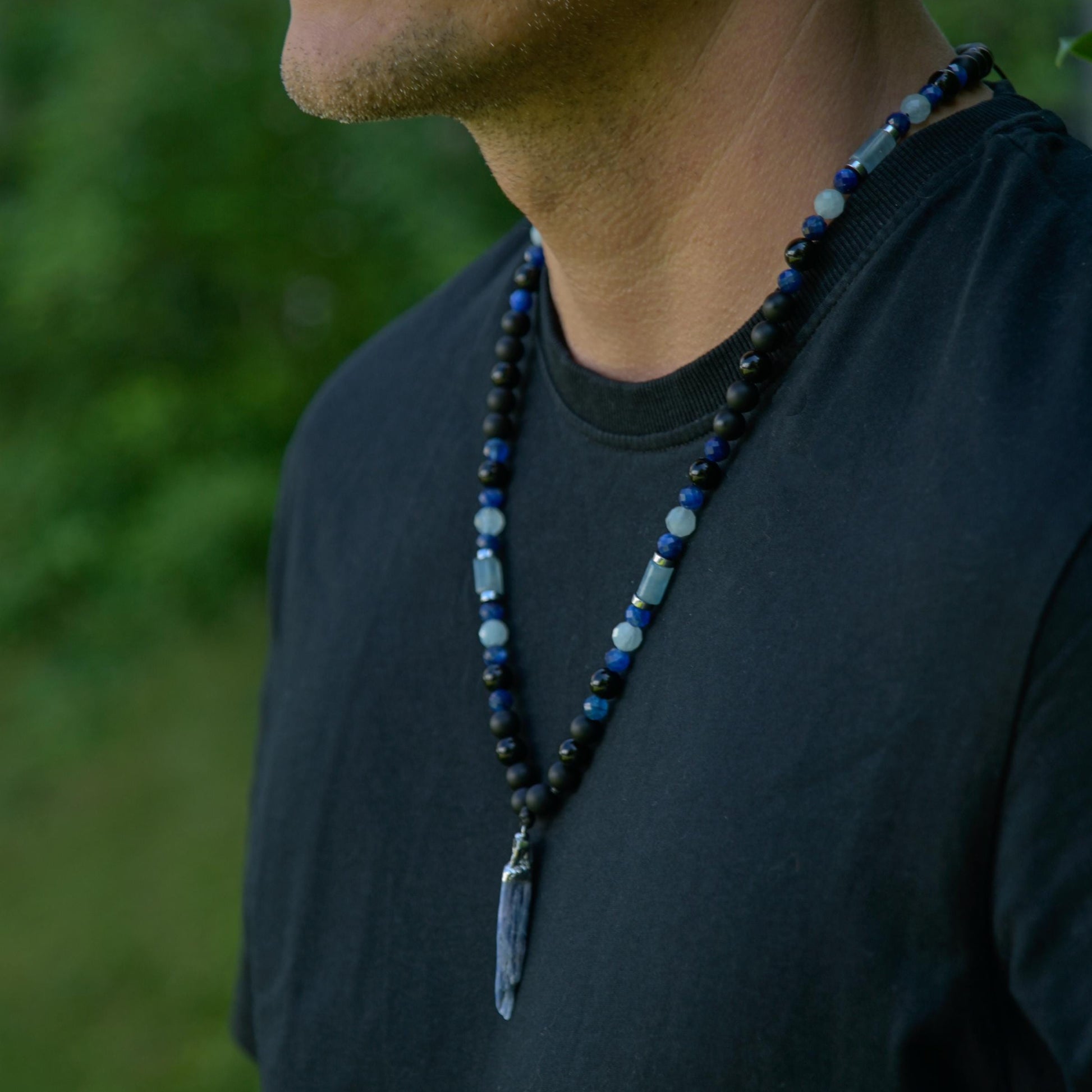 Men's Raw Kyanite Pendant Necklace, Blue Aquamarine Kyanite Onyx and Agate Necklace, Long Beaded Necklace, Adjustable Gemstone Necklace - Shamballa Necklace - Birthstone Necklace - Gemstone Necklace Men - Chakra Necklace - Yoga Necklace - Mantra Necklace -Macrame Necklace  - Healing Necklace - Gift for Father - Gift For Men - Valinde
