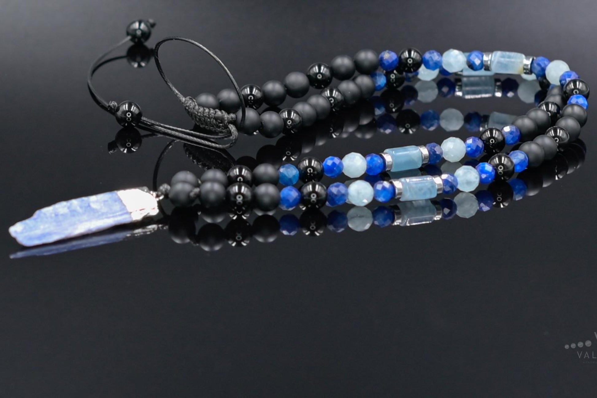 Men's Raw Kyanite Pendant Necklace, Blue Aquamarine Kyanite Onyx and Agate Necklace, Long Beaded Necklace, Adjustable Gemstone Necklace - Shamballa Necklace - Birthstone Necklace - Gemstone Necklace Men - Chakra Necklace - Yoga Necklace - Mantra Necklace -Macrame Necklace  - Healing Necklace - Gift for Father - Gift For Men - Valinde
