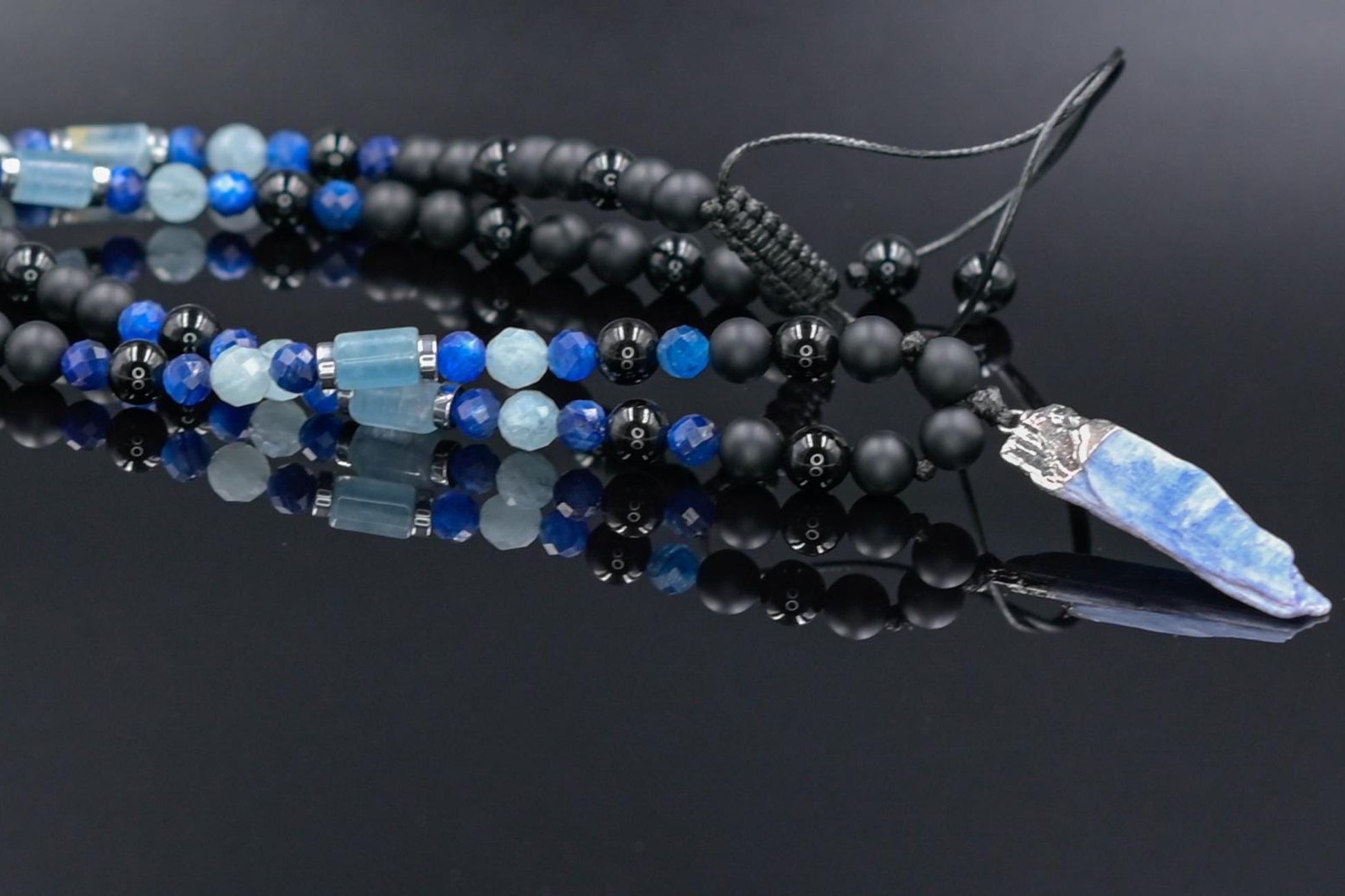 Men's Raw Kyanite Pendant Necklace, Blue Aquamarine Kyanite Onyx and Agate Necklace, Long Beaded Necklace, Adjustable Gemstone Necklace - Shamballa Necklace - Birthstone Necklace - Gemstone Necklace Men - Chakra Necklace - Yoga Necklace - Mantra Necklace -Macrame Necklace  - Healing Necklace - Gift for Father - Gift For Men - Valinde
