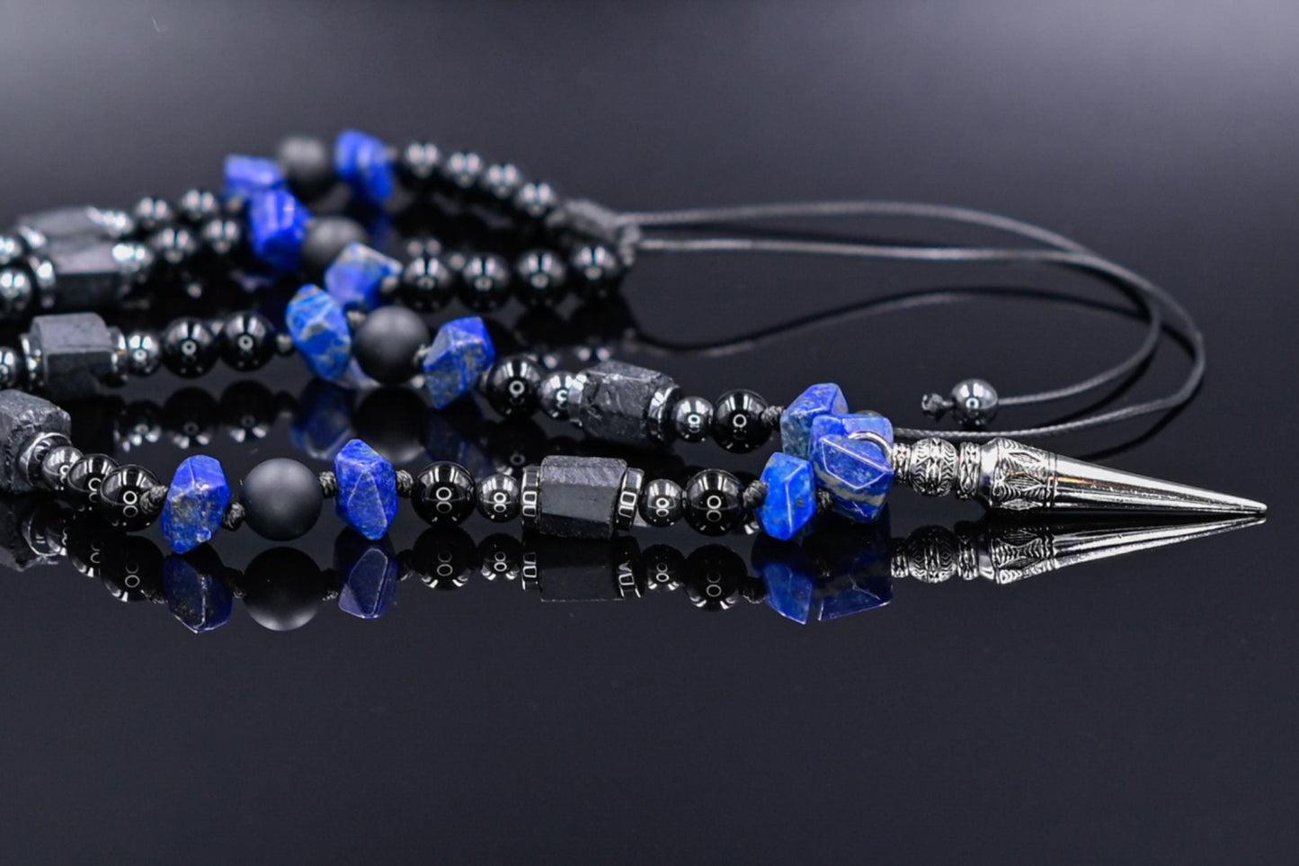 Men's Lapis Lazuli Raw Tourmaline Necklace, 925 Sterling Silver Pendant Necklace, Gemstone Jewelry Gift for Men - Shamballa Necklace - Birthstone Necklace - Gemstone Necklace Men - Chakra Necklace - Yoga Necklace - Mantra Necklace -Macrame Necklace  - Healing Necklace - Gift for Father - Gift For Men - Valinde
