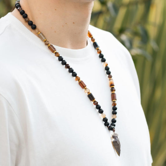 Men's Protection Necklace, Brown Agate Onyx Adjustable Necklace,Pendant Necklace, Long Beaded Necklace, Gift for Men, Gift for Him - Shamballa Necklace - Birthstone Necklace - Gemstone Necklace Men - Chakra Necklace - Macrame Necklace  - Healing Necklace - Valinde
