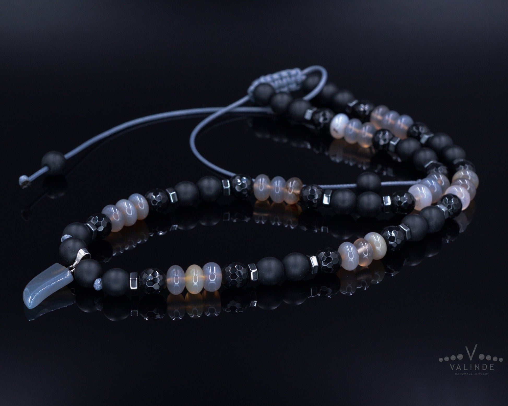 Men's Agate Choker Pendant Necklace - Black Onyx Necklace - Short Beaded Necklace - Gift for Men - Father's Day Gift - Crystal Necklace- Shamballa Necklace - Birthstone Necklace - Gemstone Necklace Men - Chakra Necklace - Macrame Necklace  - Healing Necklace - Valinde
