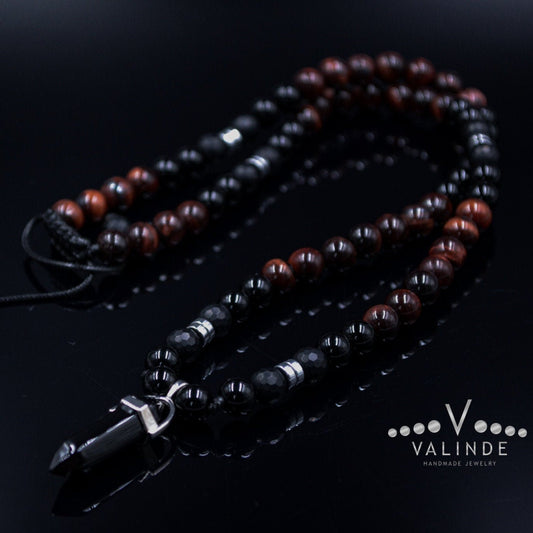 Men's Tiger Eye Knotted Necklace / Lava Stone Necklace / Short Necklace / Tiger's Eye Necklace / Handknotted Necklace / Gift for Men - Shamballa Necklace - Birthstone Necklace - Gemstone Necklace Men - Chakra Necklace - Yoga Necklace - Mantra Necklace -Macrame Necklace  - Healing Necklace - Gift for Father - Gift For Men - Valinde
