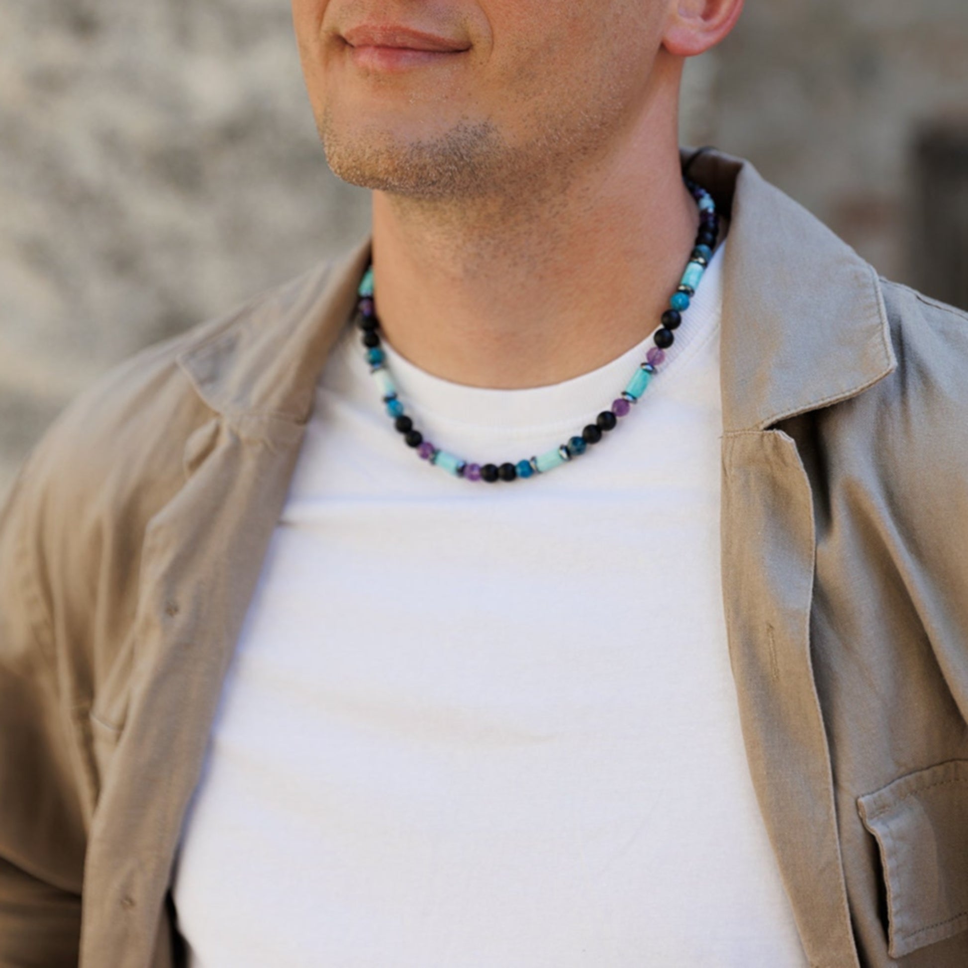 Amazonite Short Necklace, Men's Apatite Amethyst Black Onyx Gemstone Necklace, Gift for Men, Christmas Gift, Adjustable Surfer Necklace Men - Shamballa Necklace - Birthstone Necklace - Gemstone Necklace Men - Chakra Necklace - Yoga Necklace - Mantra Necklace -Macrame Necklace  - Healing Necklace - Gift for Father - Gift For Men - Valinde
