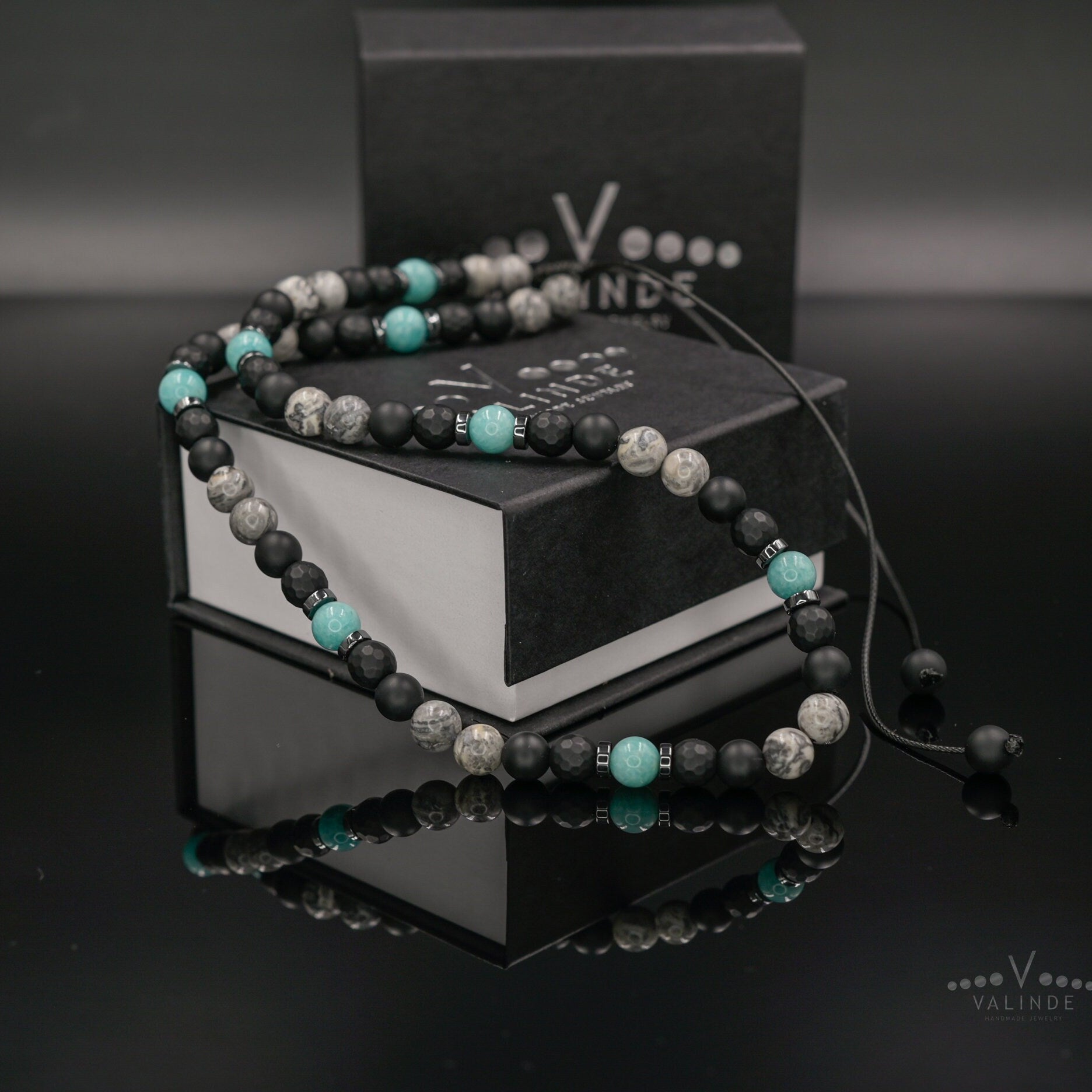 Men's Amazonite Necklace, Grey Jasper Black Onyx Adjustable Necklace, Gift for Men, Short Summer Necklace, Gemstone Necklace, Stone Necklace  - Shamballa Necklace - Birthstone Necklace - Gemstone Necklace Men - Chakra Necklace - Macrame Necklace  - Healing Necklace - Valinde