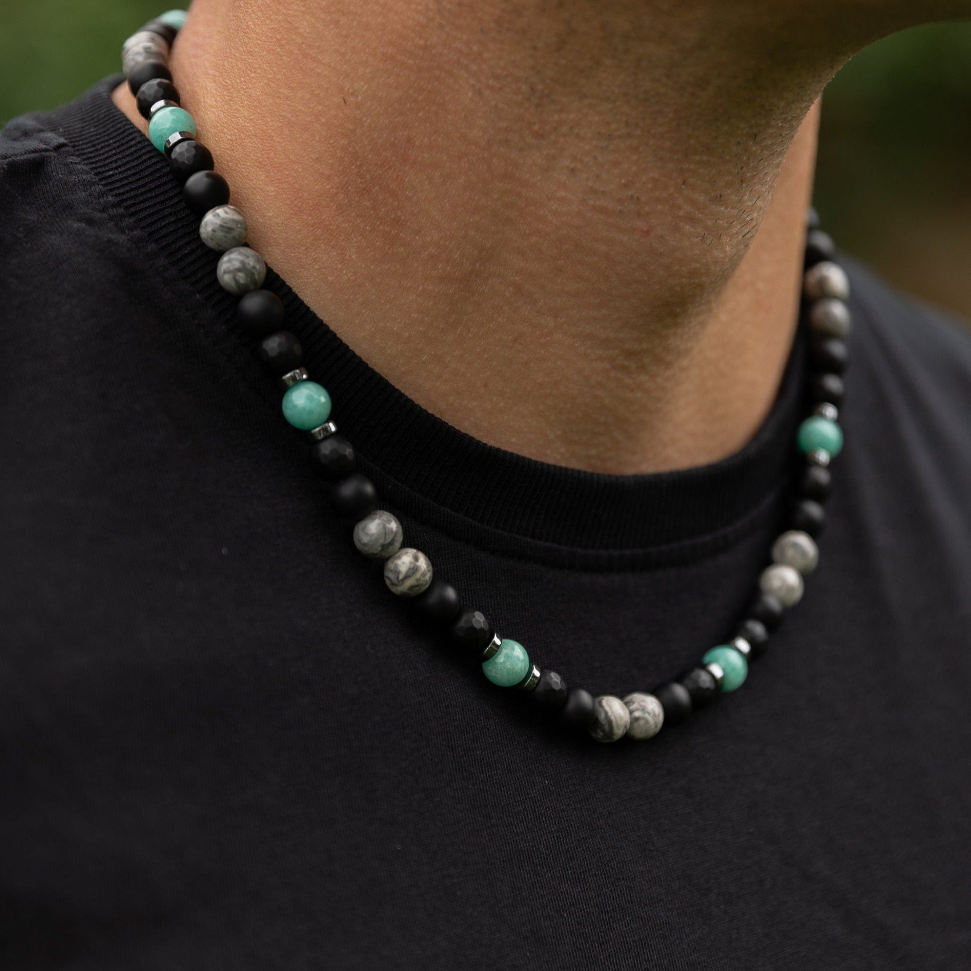 Men's Amazonite Necklace, Grey Jasper Black Onyx Adjustable Necklace, Gift for Men, Short Summer Necklace, Gemstone Necklace, Stone Necklace  - Shamballa Necklace - Birthstone Necklace - Gemstone Necklace Men - Chakra Necklace - Macrame Necklace  - Healing Necklace - Valinde

