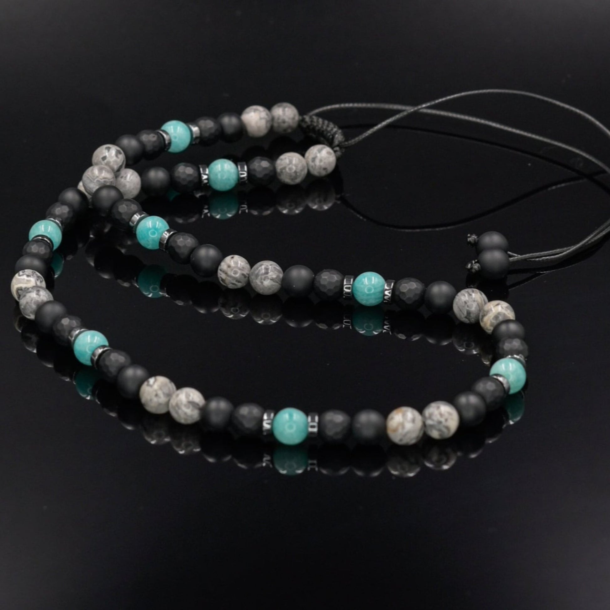 Men's Amazonite Necklace, Grey Jasper Black Onyx Adjustable Necklace, Gift for Men, Short Summer Necklace, Gemstone Necklace, Stone Necklace  - Shamballa Necklace - Birthstone Necklace - Gemstone Necklace Men - Chakra Necklace - Macrame Necklace  - Healing Necklace - Valinde
