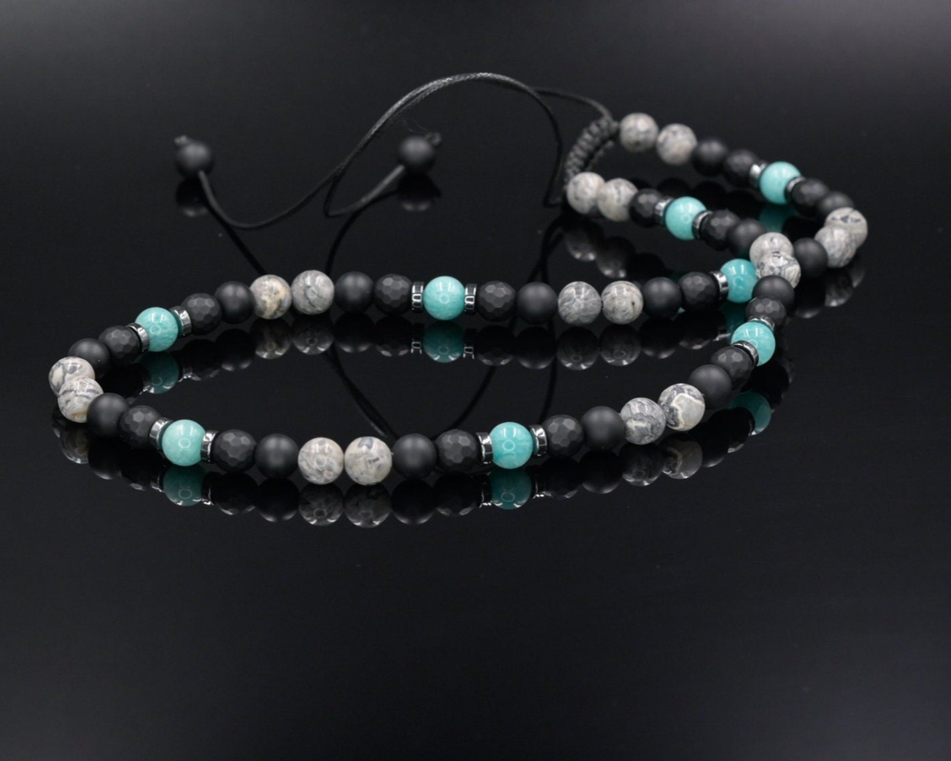 Men's Amazonite Necklace, Grey Jasper Black Onyx Adjustable Necklace, Gift for Men, Short Summer Necklace, Gemstone Necklace, Stone Necklace  - Shamballa Necklace - Birthstone Necklace - Gemstone Necklace Men - Chakra Necklace - Macrame Necklace  - Healing Necklace - Valinde
