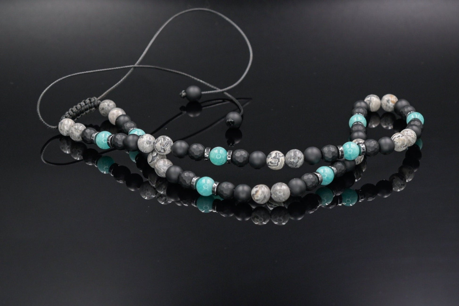 Men's Amazonite Necklace, Grey Jasper Black Onyx Adjustable Necklace, Gift for Men, Short Summer Necklace, Gemstone Necklace, Stone Necklace  - Shamballa Necklace - Birthstone Necklace - Gemstone Necklace Men - Chakra Necklace - Macrame Necklace  - Healing Necklace - Valinde
