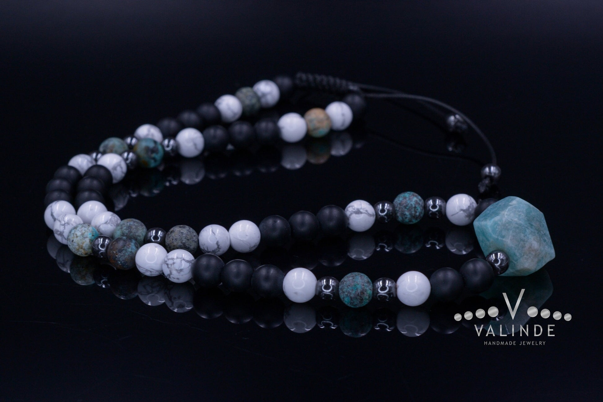 Amazonite Bead Necklace - Men's African Turquoise & Howlite Necklace - Short Crystal Necklace - Gift for Men - Black Onyx Necklace for Men - Shamballa Necklace - Birthstone Necklace - Gemstone Necklace Men - Chakra Necklace - Yoga Necklace - Mantra Necklace -Macrame Necklace  - Healing Necklace - Valinde
