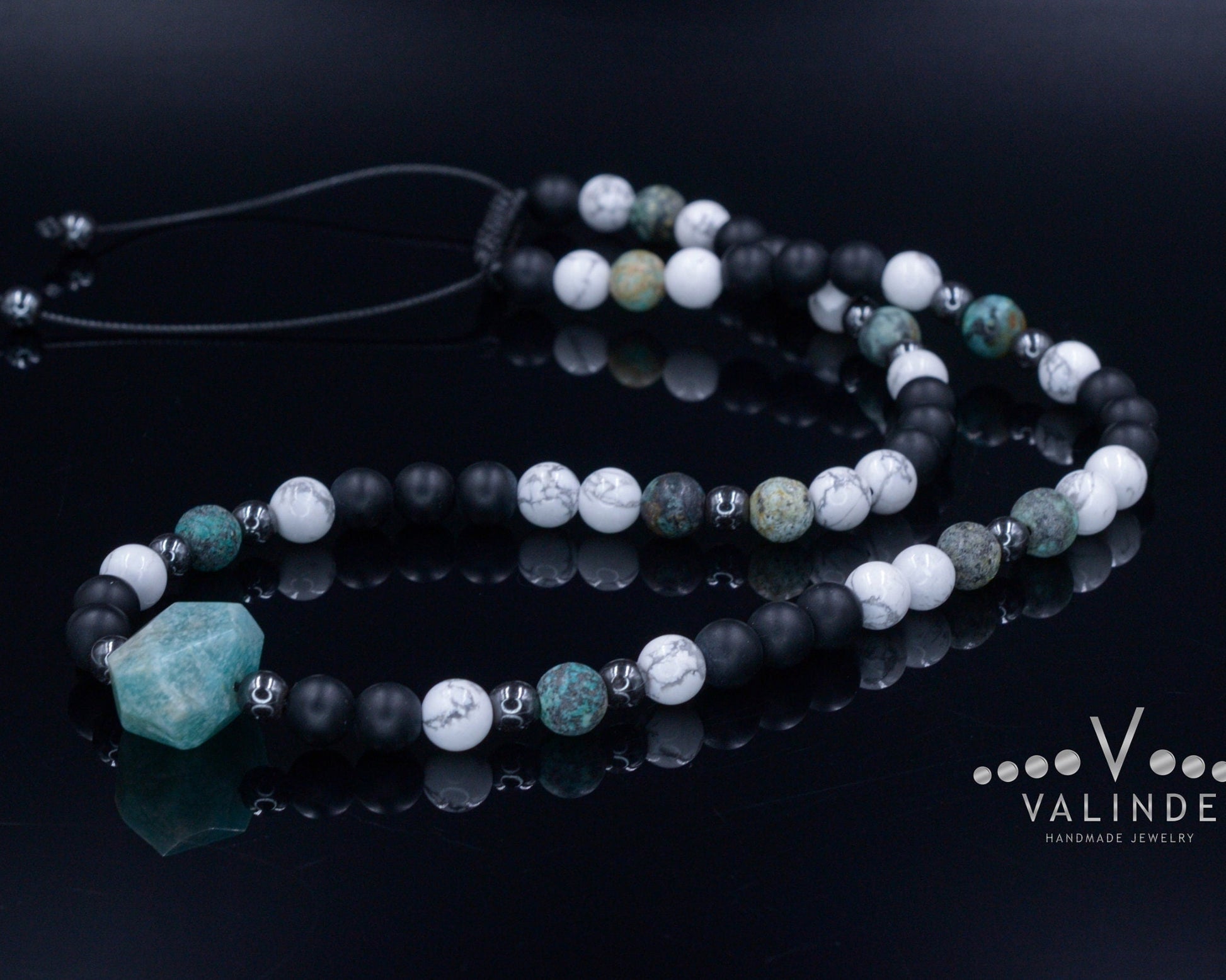 Amazonite Bead Necklace - Men's African Turquoise & Howlite Necklace - Short Crystal Necklace - Gift for Men - Black Onyx Necklace for Men - Shamballa Necklace - Birthstone Necklace - Gemstone Necklace Men - Chakra Necklace - Yoga Necklace - Mantra Necklace -Macrame Necklace  - Healing Necklace - Valinde
