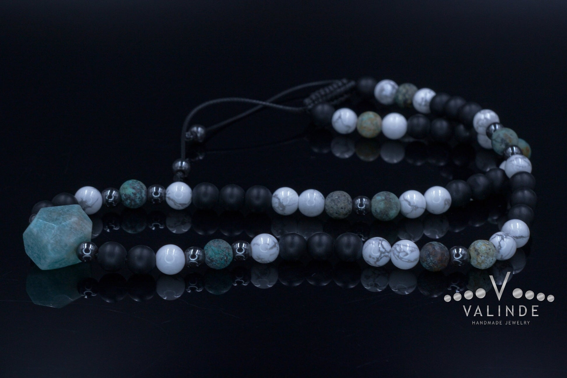 Amazonite Bead Necklace - Men's African Turquoise & Howlite Necklace - Short Crystal Necklace - Gift for Men - Black Onyx Necklace for Men - Shamballa Necklace - Birthstone Necklace - Gemstone Necklace Men - Chakra Necklace - Yoga Necklace - Mantra Necklace -Macrame Necklace  - Healing Necklace - Valinde
