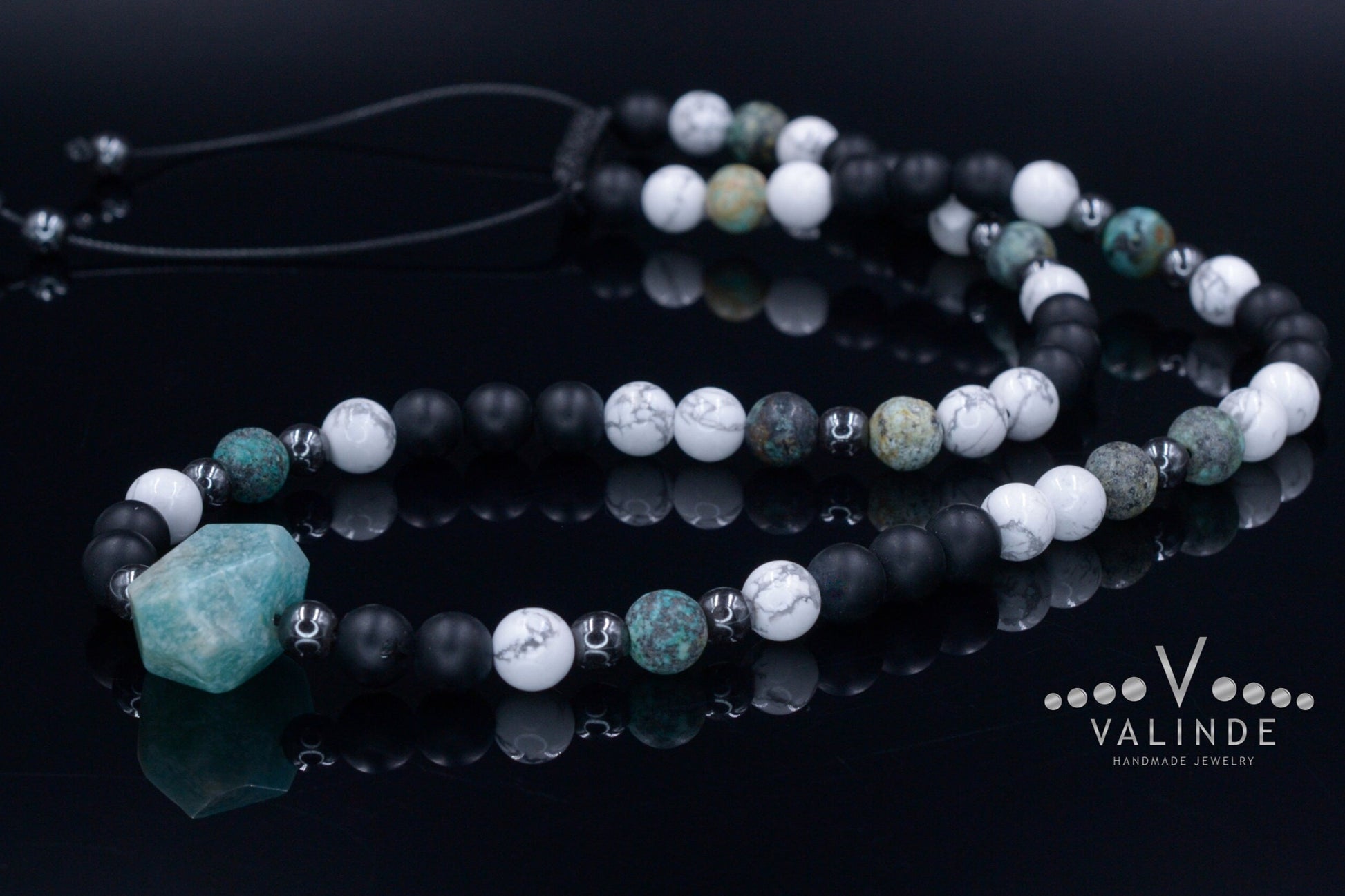 Amazonite Bead Necklace - Men's African Turquoise & Howlite Necklace - Short Crystal Necklace - Gift for Men - Black Onyx Necklace for Men - Shamballa Necklace - Birthstone Necklace - Gemstone Necklace Men - Chakra Necklace - Yoga Necklace - Mantra Necklace -Macrame Necklace  - Healing Necklace - Valinde
