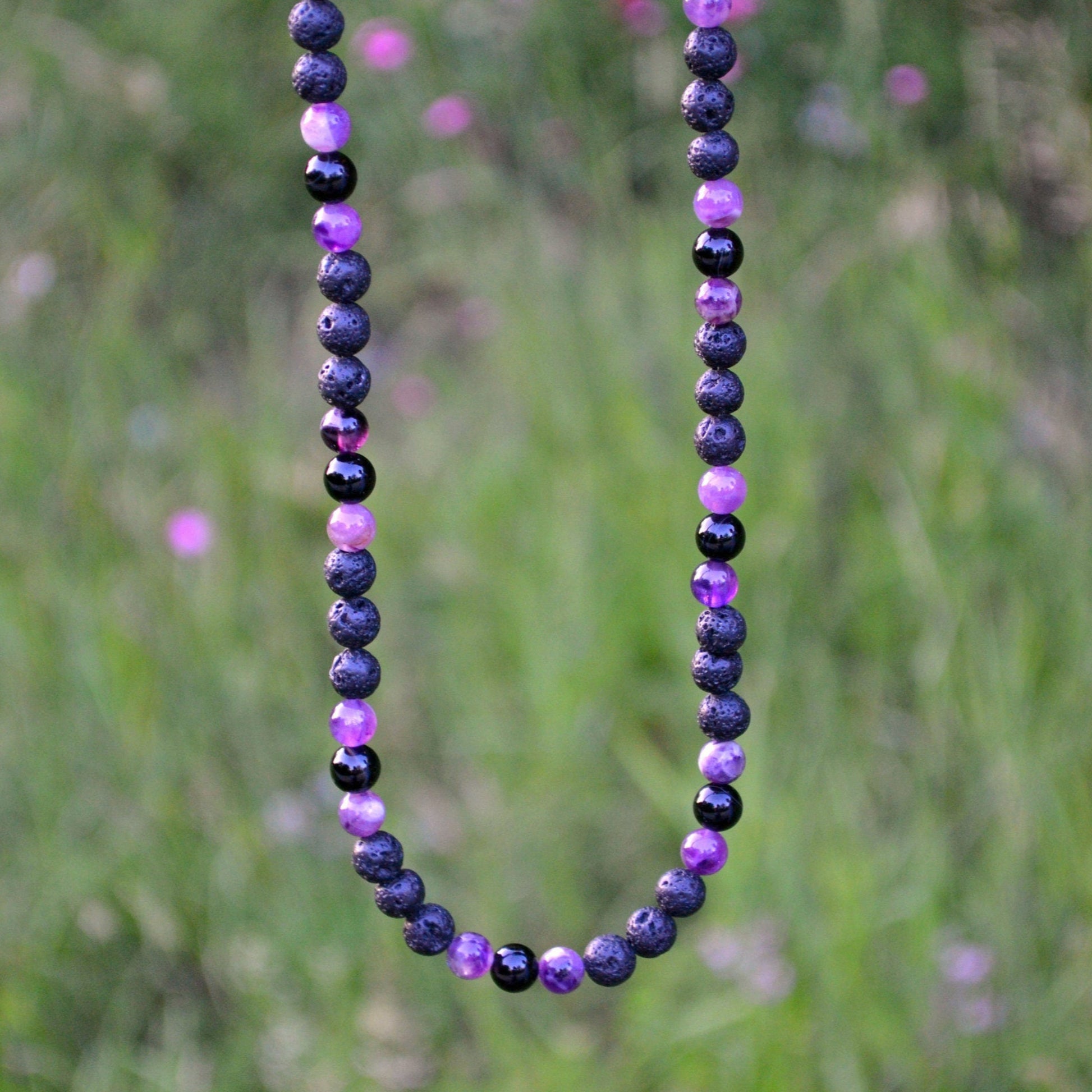 Men's Amethyst Beaded Necklace Lava Stone Necklace Crystal Necklace Gemstone Necklace Black Agate Necklace Choker Short Necklace Men's Gift - Shamballa Necklace - Birthstone Necklace - Gemstone Necklace Men - Chakra Necklace - Yoga Necklace - Mantra Necklace -Macrame Necklace  - Healing Necklace - Valinde