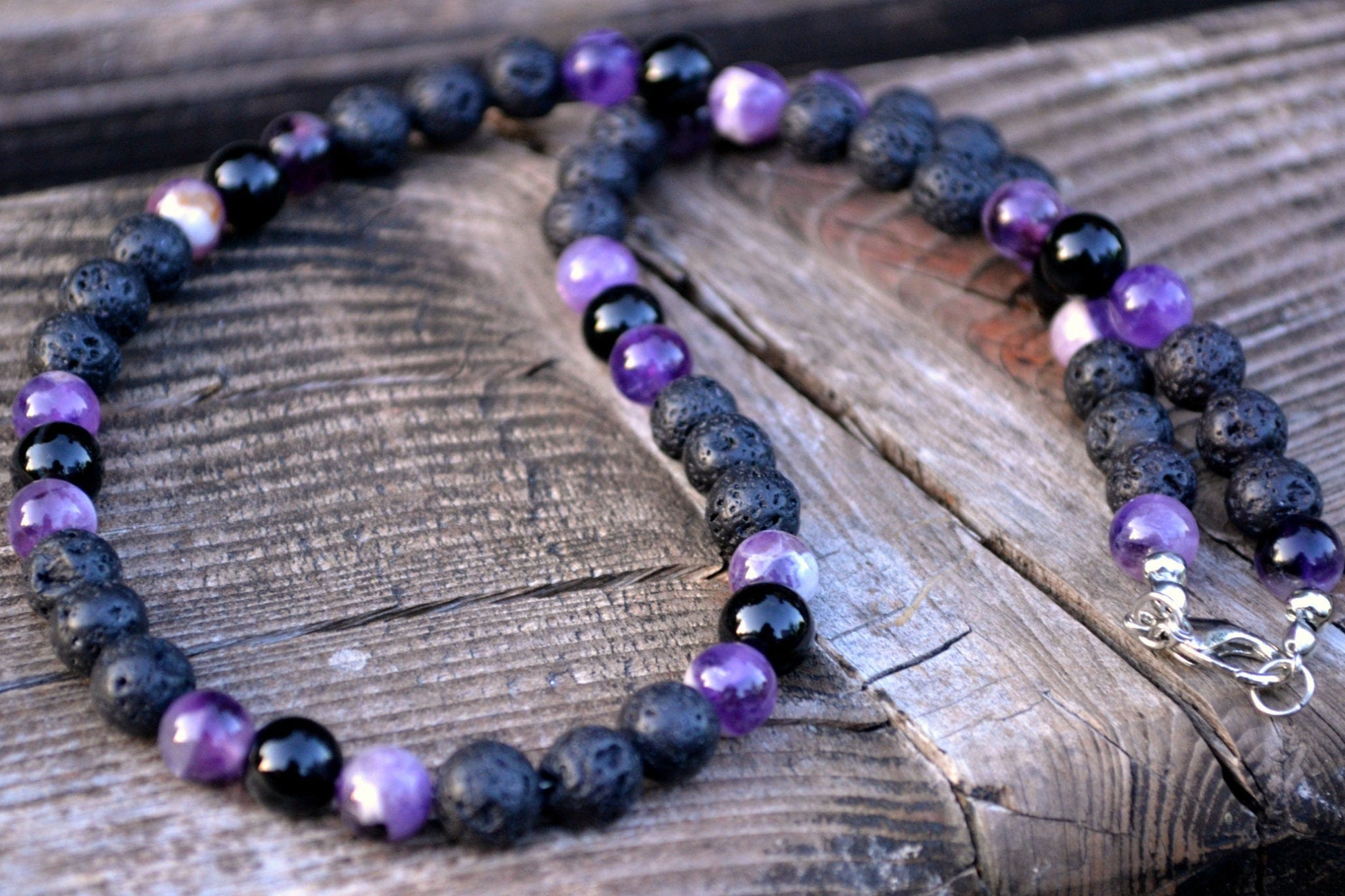 Men's Amethyst Beaded Necklace Lava Stone Necklace Crystal Necklace Gemstone Necklace Black Agate Necklace Choker Short Necklace Men's Gift - Shamballa Necklace - Birthstone Necklace - Gemstone Necklace Men - Chakra Necklace - Yoga Necklace - Mantra Necklace -Macrame Necklace  - Healing Necklace - Valinde
