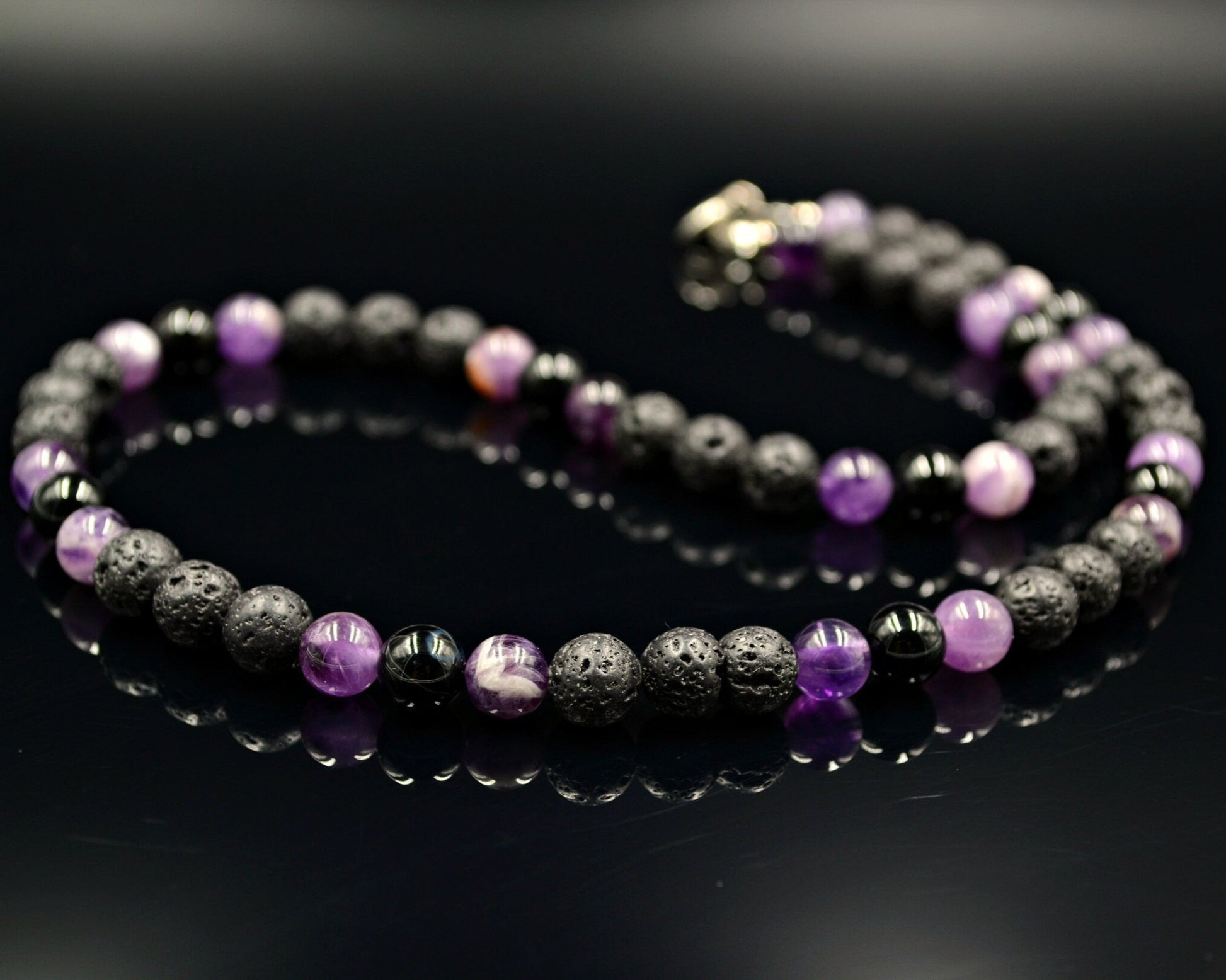 Men's Amethyst Beaded Necklace Lava Stone Necklace Crystal Necklace Gemstone Necklace Black Agate Necklace Choker Short Necklace Men's Gift - Shamballa Necklace - Birthstone Necklace - Gemstone Necklace Men - Chakra Necklace - Yoga Necklace - Mantra Necklace -Macrame Necklace  - Healing Necklace - Valinde
