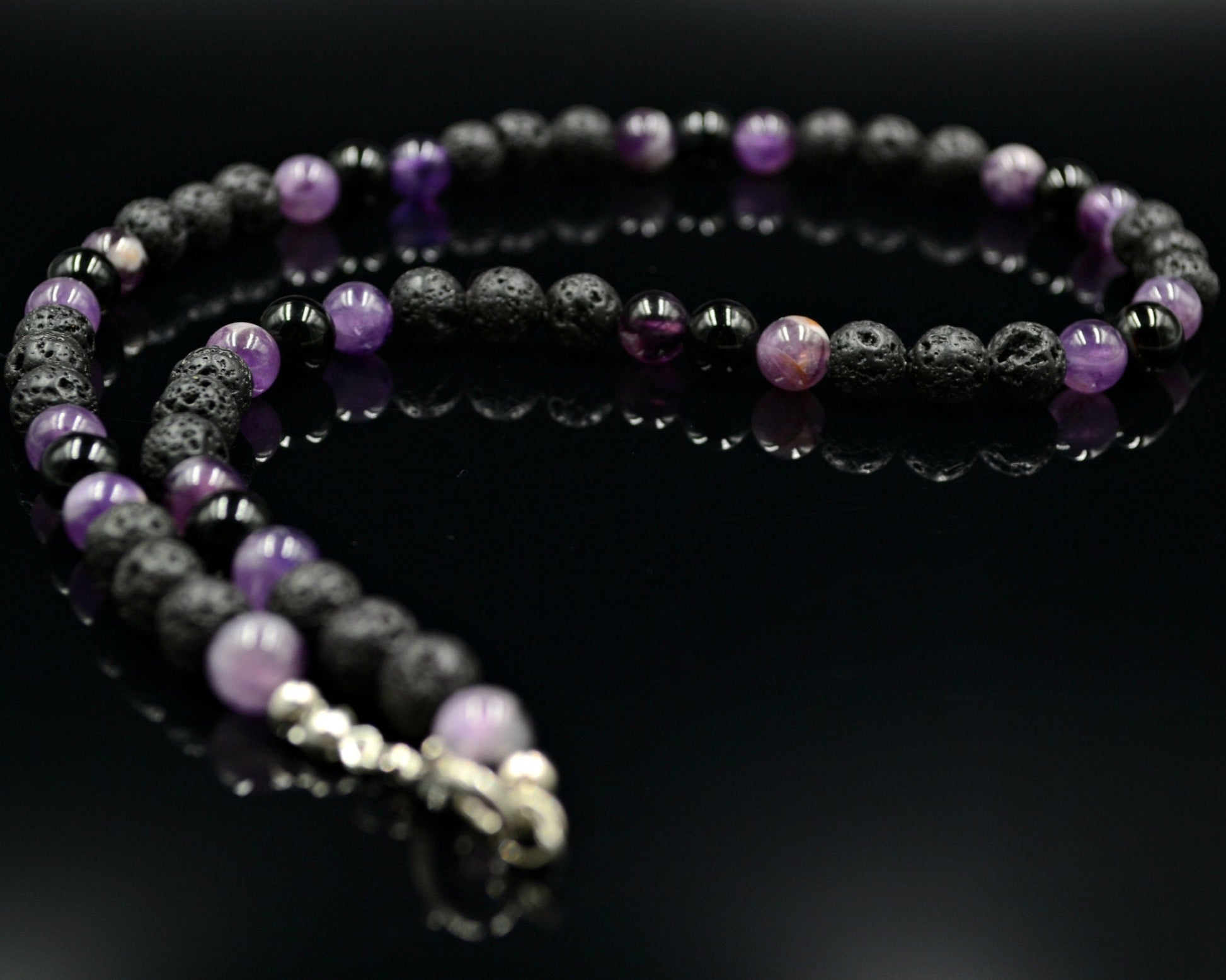 Men's Amethyst Beaded Necklace Lava Stone Necklace Crystal Necklace Gemstone Necklace Black Agate Necklace Choker Short Necklace Men's Gift - Shamballa Necklace - Birthstone Necklace - Gemstone Necklace Men - Chakra Necklace - Yoga Necklace - Mantra Necklace -Macrame Necklace  - Healing Necklace - Valinde
