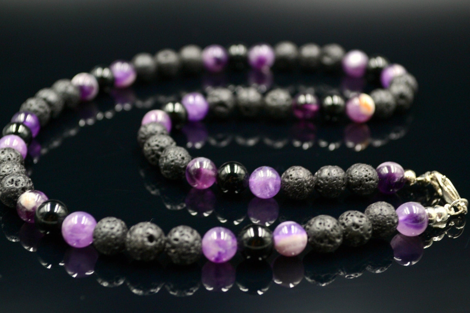 Men's Amethyst Beaded Necklace Lava Stone Necklace Crystal Necklace Gemstone Necklace Black Agate Necklace Choker Short Necklace Men's Gift - Shamballa Necklace - Birthstone Necklace - Gemstone Necklace Men - Chakra Necklace - Yoga Necklace - Mantra Necklace -Macrame Necklace  - Healing Necklace - Valinde
