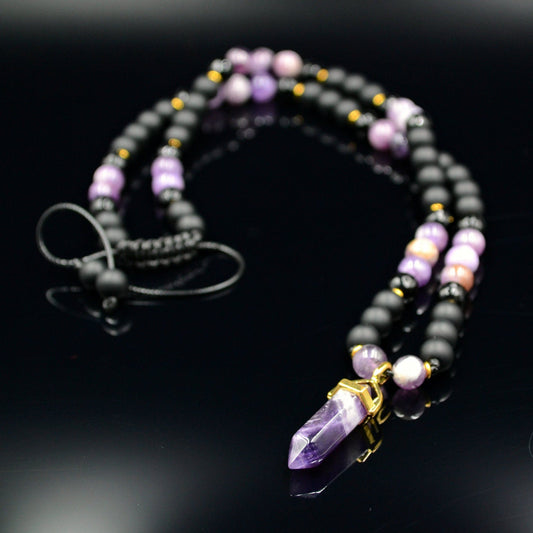 Men's Amethyst Pendant Necklace Gemstone Beads Necklace Onyx Necklace Gift for Men Crystal Necklace Agate Necklace Long Beaded Necklace - Birthstone Necklace - Gemstone Necklace Men - Chakra Necklace - Yoga Necklace - Mantra Necklace -Macrame Necklace  - Healing Necklace - Valinde