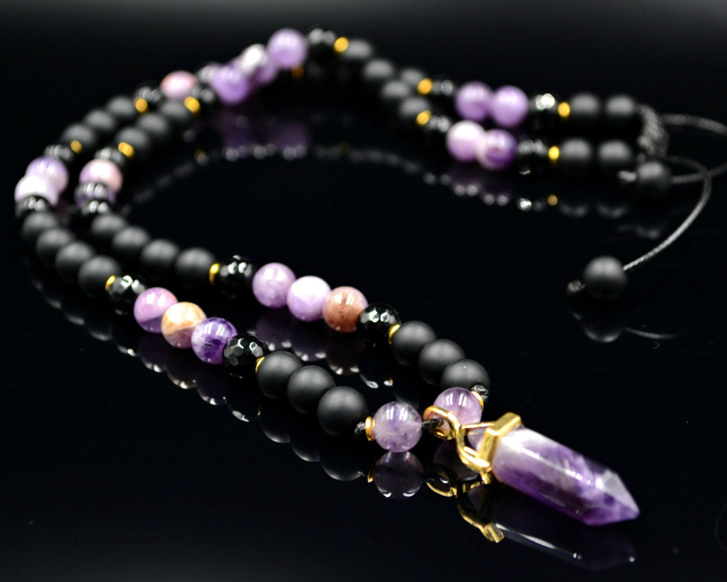 Men's Amethyst Pendant Necklace Gemstone Beads Necklace Onyx Necklace Gift for Men Crystal Necklace Agate Necklace Long Beaded Necklace - Birthstone Necklace - Gemstone Necklace Men - Chakra Necklace - Yoga Necklace - Mantra Necklace -Macrame Necklace  - Healing Necklace - Valinde

