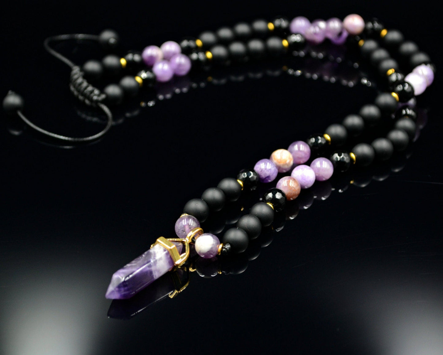 Men's Amethyst Pendant Necklace Gemstone Beads Necklace Onyx Necklace Gift for Men Crystal Necklace Agate Necklace Long Beaded Necklace - Birthstone Necklace - Gemstone Necklace Men - Chakra Necklace - Yoga Necklace - Mantra Necklace -Macrame Necklace  - Healing Necklace - Valinde
