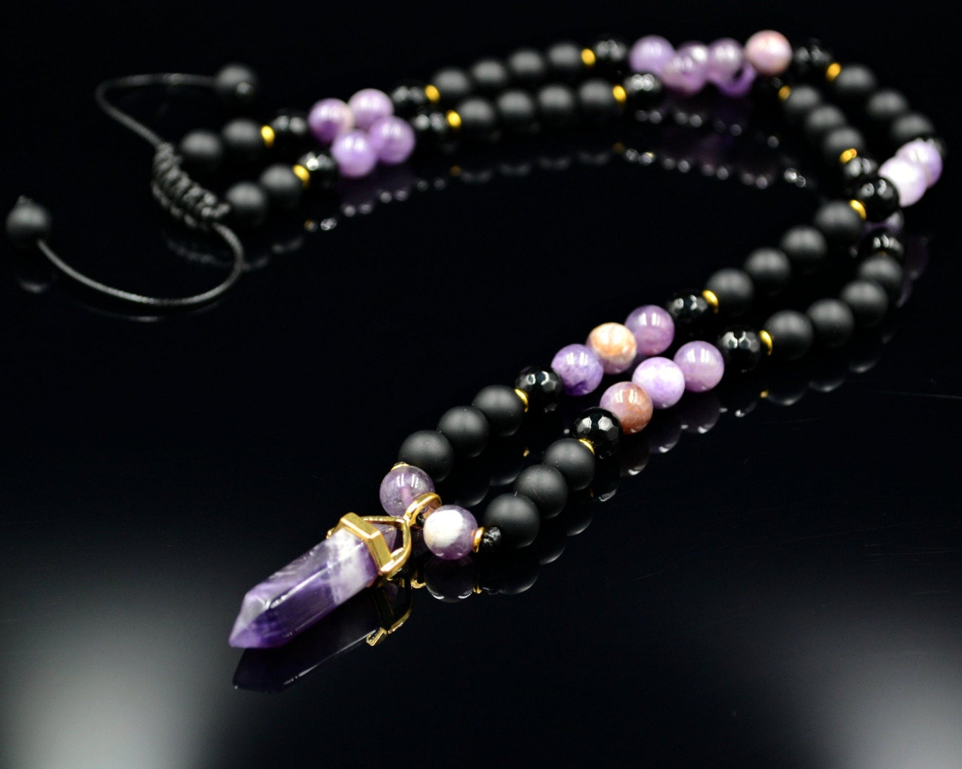 Men's Amethyst Pendant Necklace Gemstone Beads Necklace Onyx Necklace Gift for Men Crystal Necklace Agate Necklace Long Beaded Necklace - Birthstone Necklace - Gemstone Necklace Men - Chakra Necklace - Yoga Necklace - Mantra Necklace -Macrame Necklace  - Healing Necklace - Valinde
